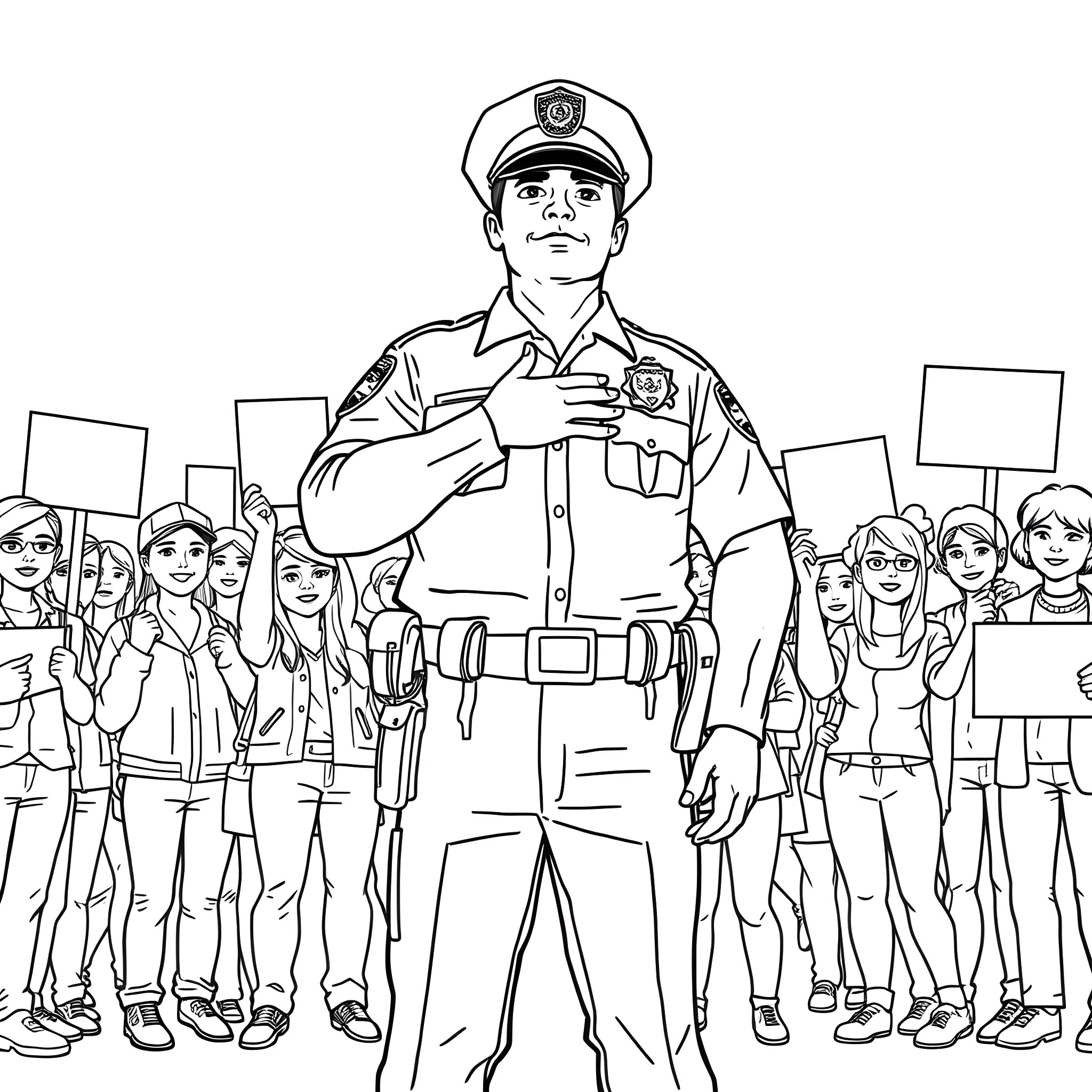 Police Officer Leads Peaceful Protest Gathering Coloring Page (free black-and-white line drawing printable PDF for all, from beginners to advanced learners, including children, teens, adults, and seniors)
