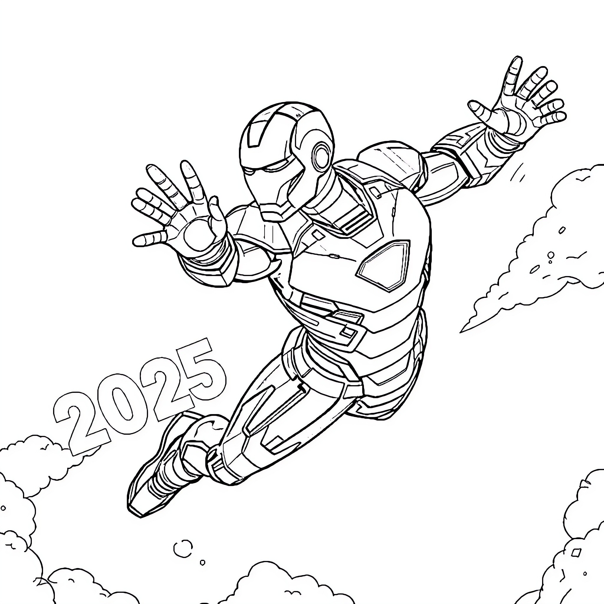 Ironman soaring through the sky in powered suit Coloring Page (free black-and-white line drawing printable PDF for all, from beginners to advanced learners, including children, teens, adults, and seniors)
