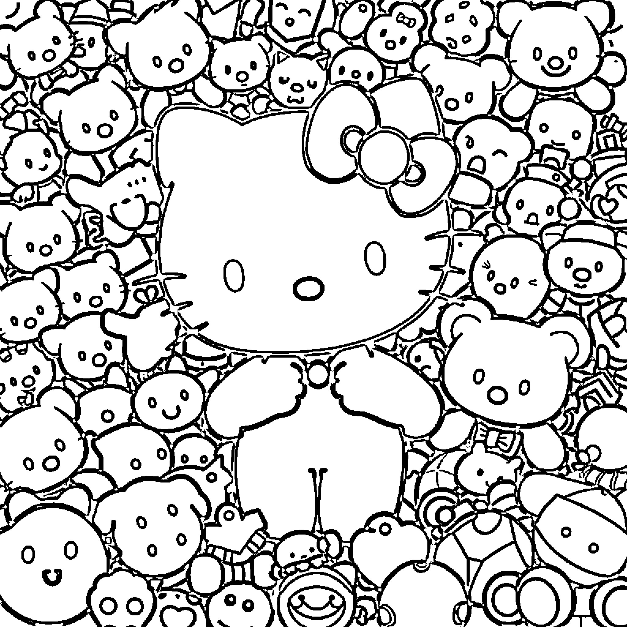 Hello Kitty Surrounded by Adorable Characters Coloring Page (free black-and-white line drawing printable PDF for all, from beginners to advanced learners, including children, teens, adults, and seniors)