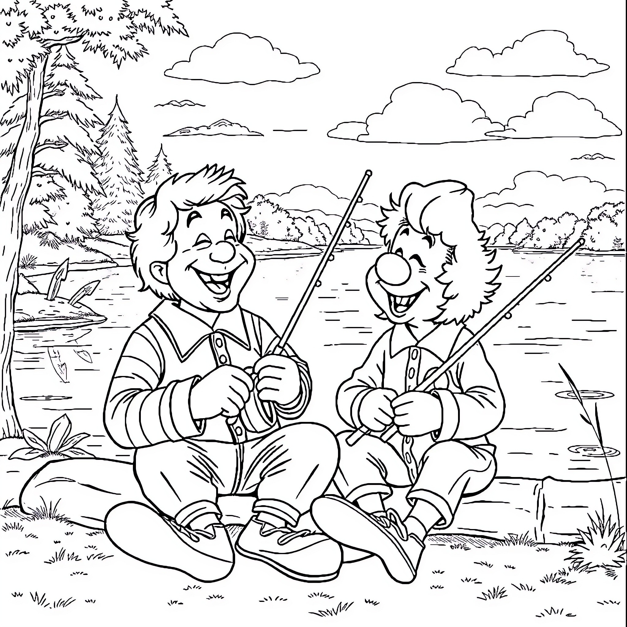 Ronald McDonald and Friend Fishing at the Lake Coloring Page (free black-and-white line drawing printable PDF for all, from beginners to advanced learners, including children, teens, adults, and seniors)