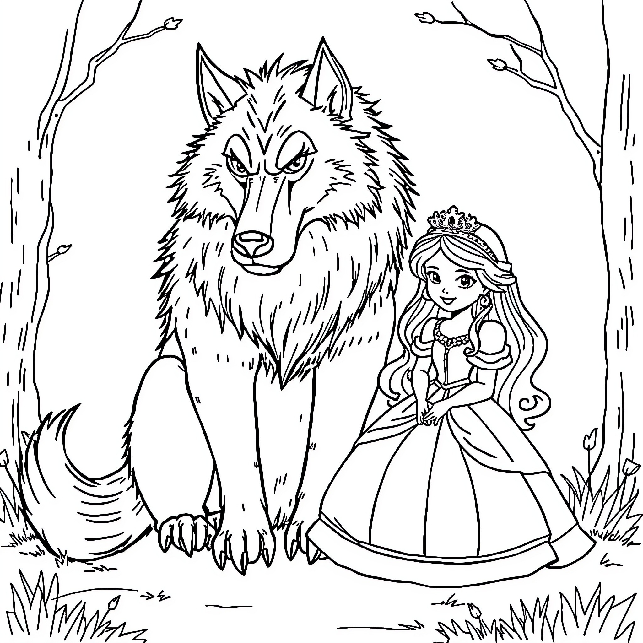 Wolf guarding a young princess in the forest Coloring Page (free black-and-white line drawing printable PDF for all, from beginners to advanced learners, including children, teens, adults, and seniors)