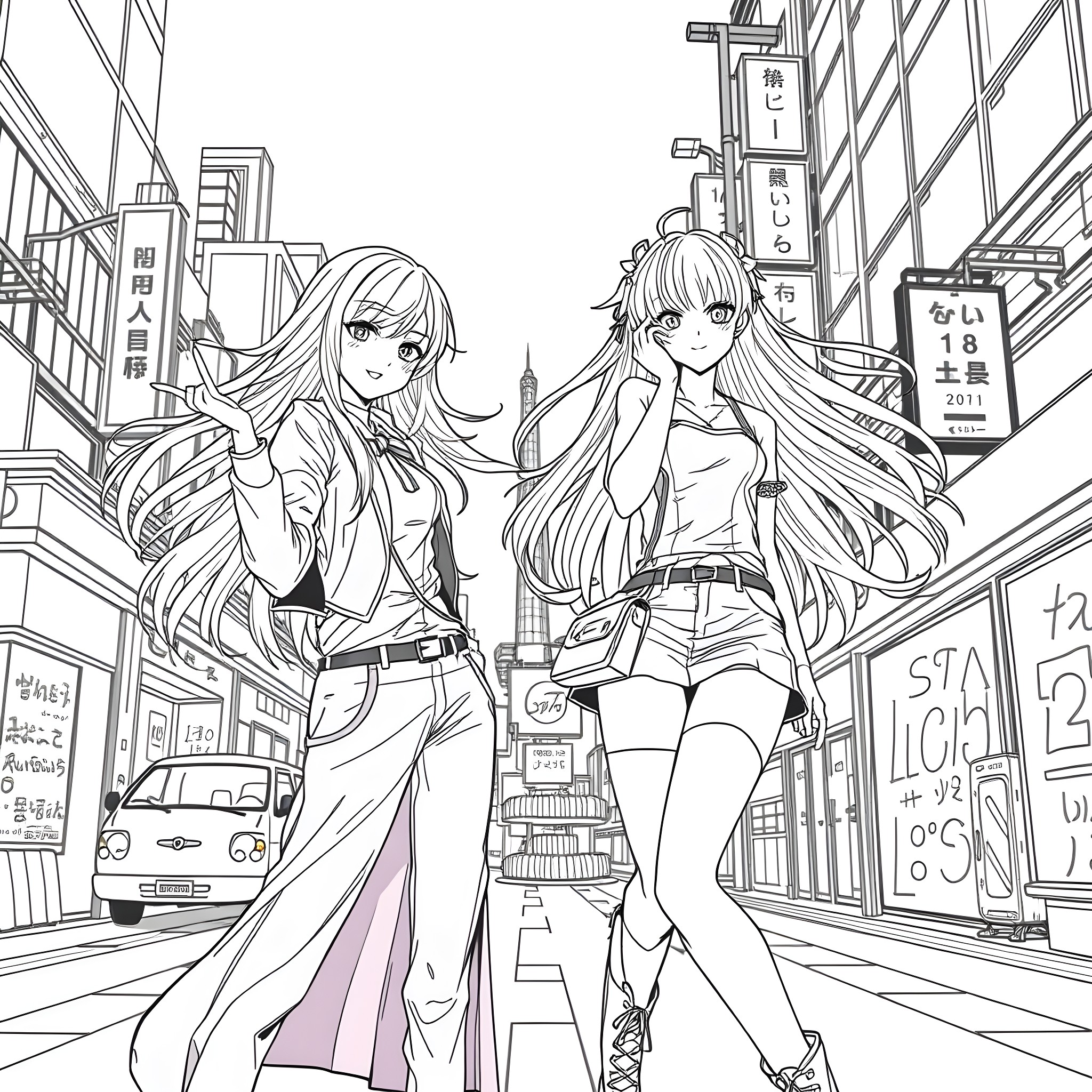 Anime Girls Exploring the City Streets Coloring Page (free black-and-white line drawing printable PDF for all, from beginners to advanced learners, including children, teens, adults, and seniors)