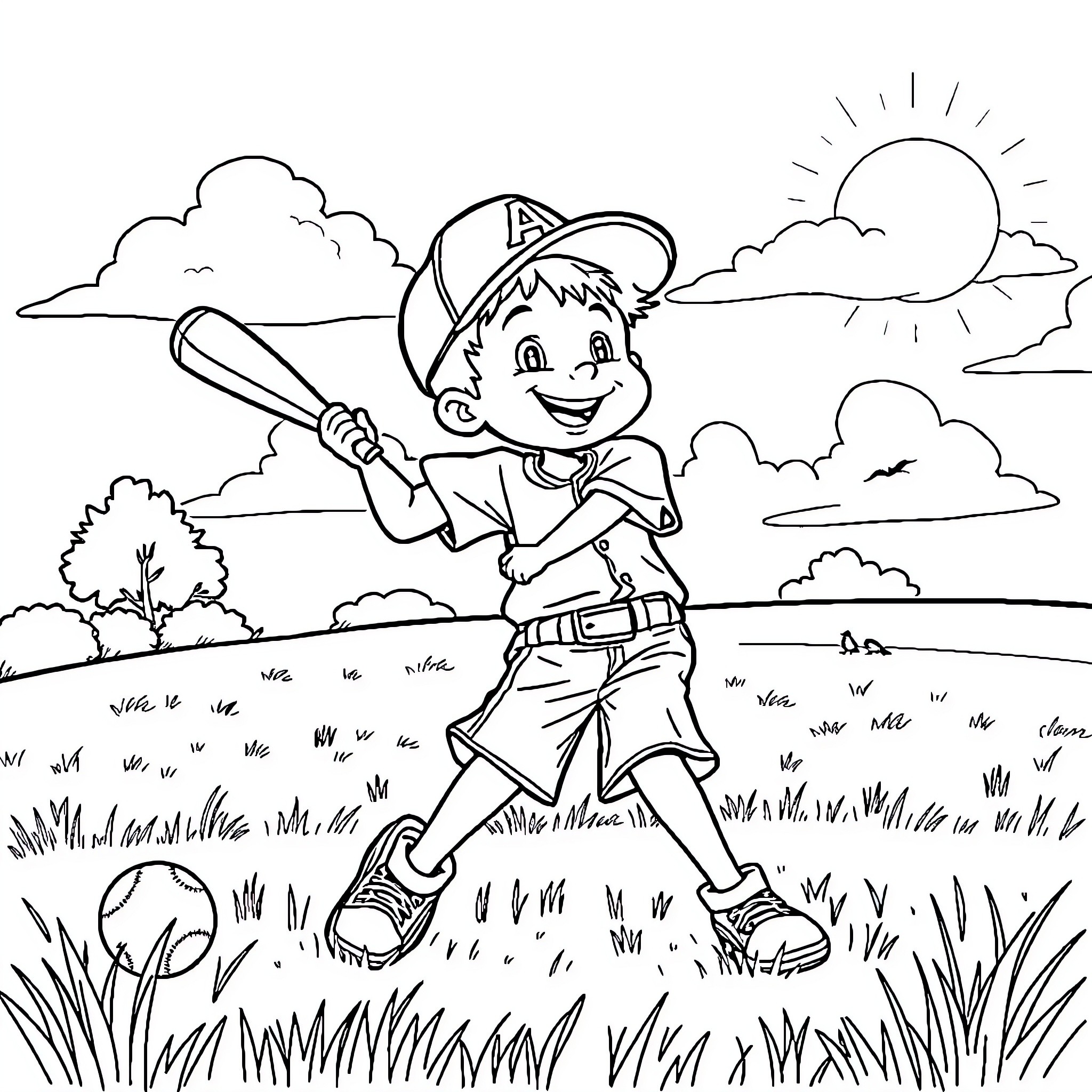 Boy Playing Baseball in Outdoor Scene Coloring Page (free black-and-white line drawing printable PDF for all, from beginners to advanced learners, including children, teens, adults, and seniors)