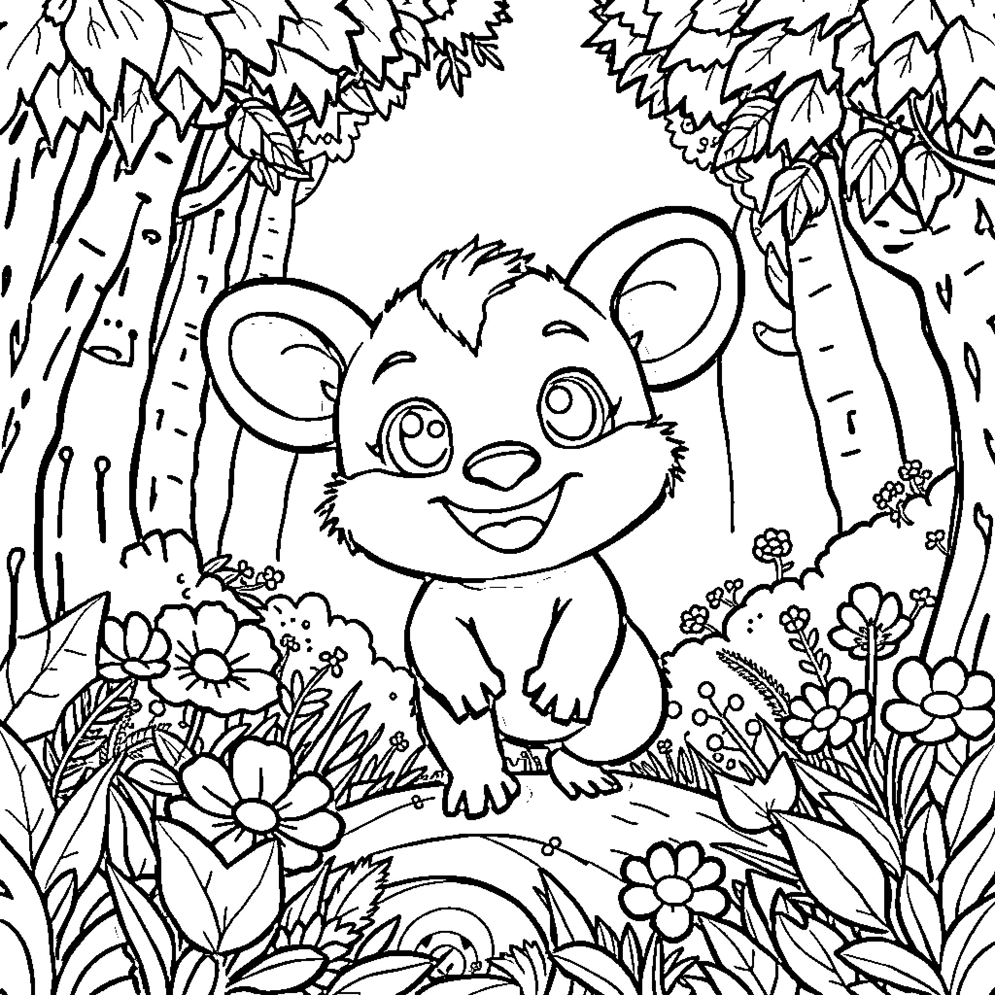 Labubu's Joyful Adventure in the Enchanted Forest Coloring Page (free black-and-white line drawing printable PDF for all, from beginners to advanced learners, including children, teens, adults, and seniors)