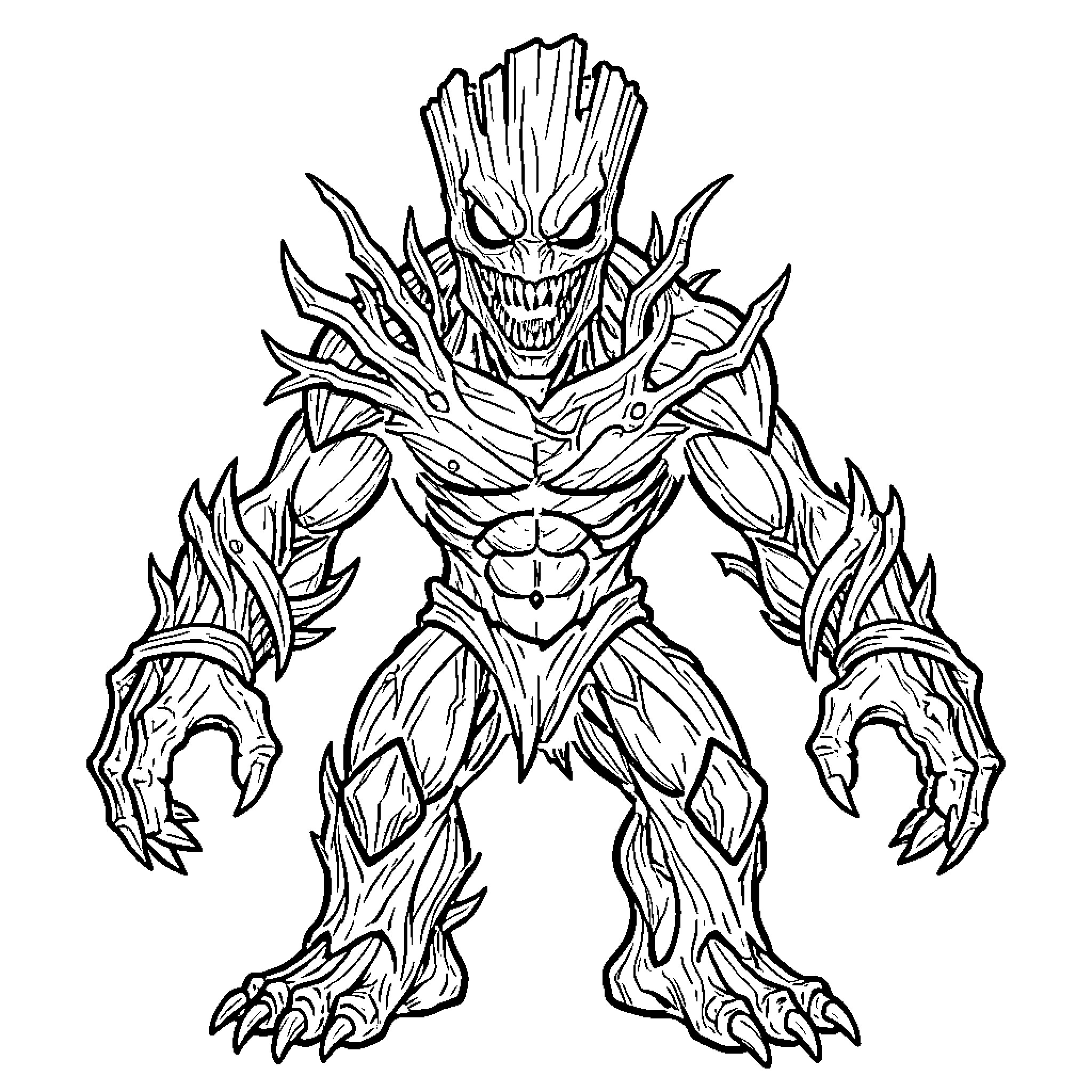 Groot's Fierce Alien Transformation Coloring Page (free black-and-white line drawing printable PDF for all, from beginners to advanced learners, including children, teens, adults, and seniors)