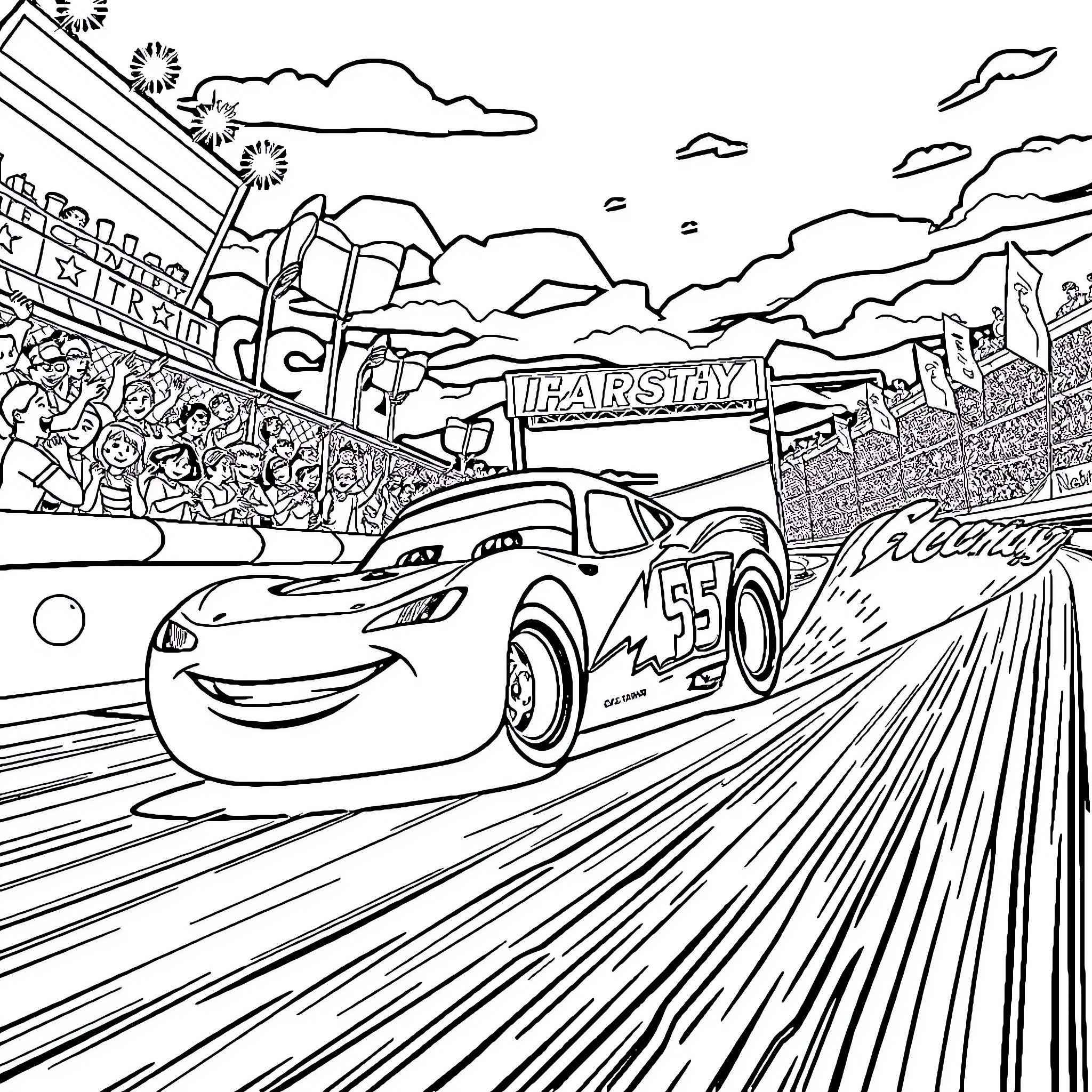Lightning McQueen racing on the track with fans Coloring Page (free black-and-white line drawing printable PDF for all, from beginners to advanced learners, including children, teens, adults, and seniors)