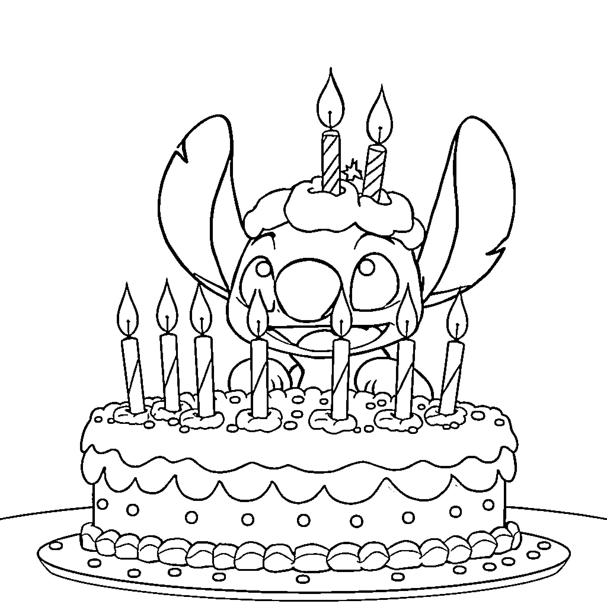 Stitch celebrates with birthday cake and candles Coloring Page (free black-and-white line drawing printable PDF for all, from beginners to advanced learners, including children, teens, adults, and seniors)