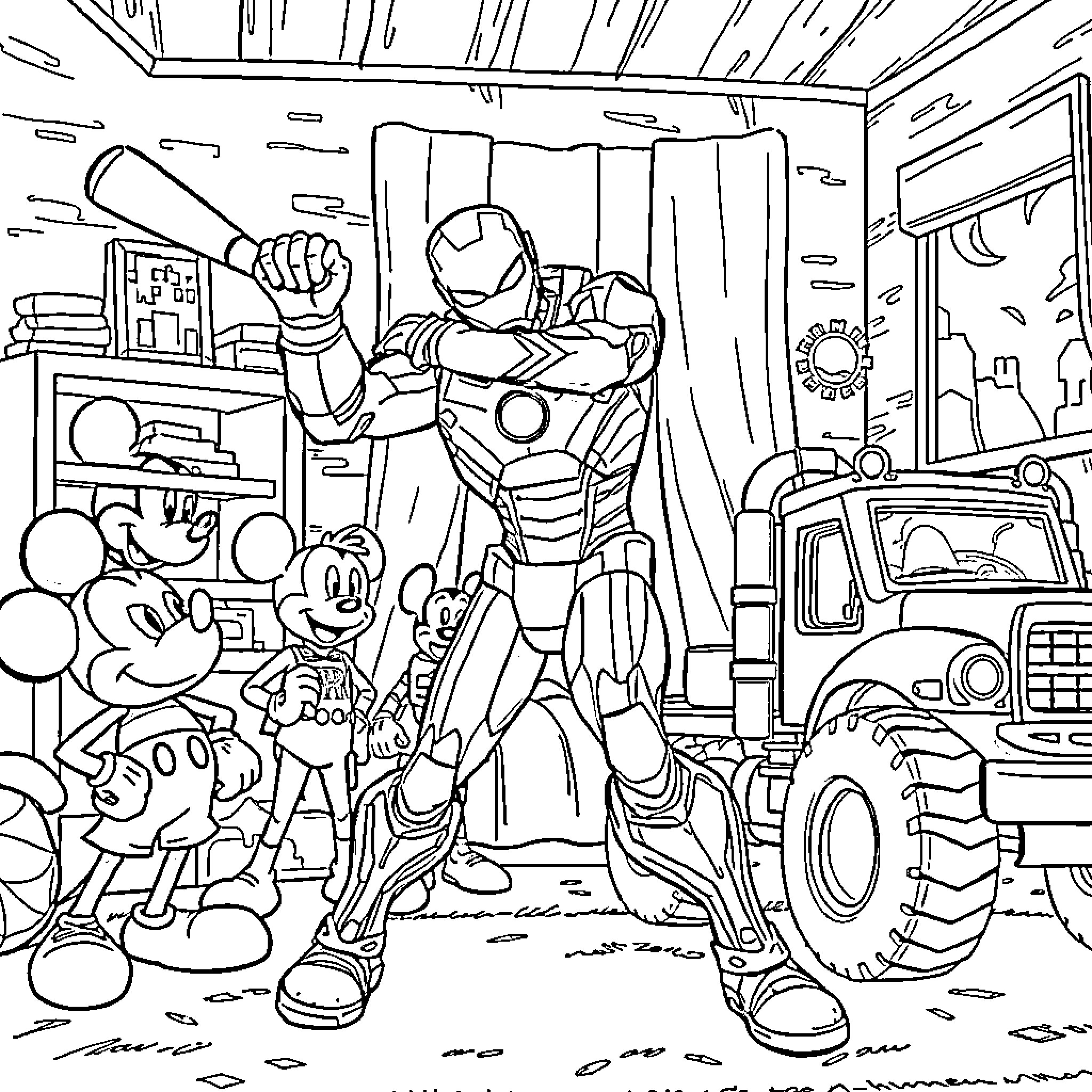 Ironman battling in a workshop filled with machinery and characters Coloring Page (free black-and-white line drawing printable PDF for all, from beginners to advanced learners, including children, teens, adults, and seniors)