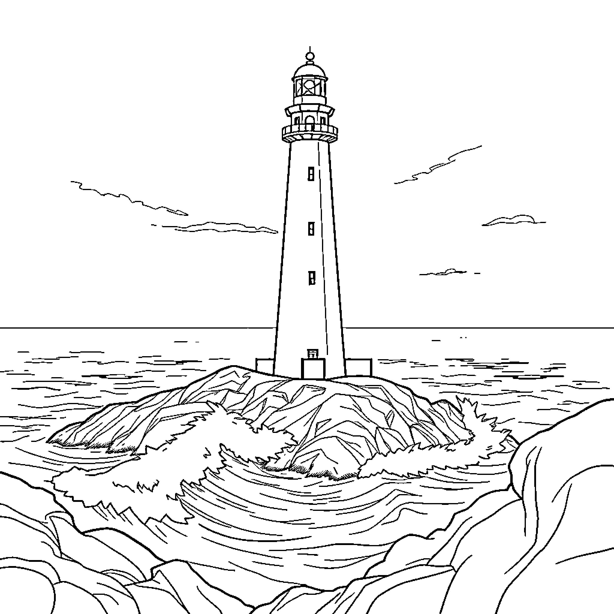 Lighthouse standing tall against crashing waves Coloring Page (free black-and-white line drawing printable PDF for all, from beginners to advanced learners, including children, teens, adults, and seniors)