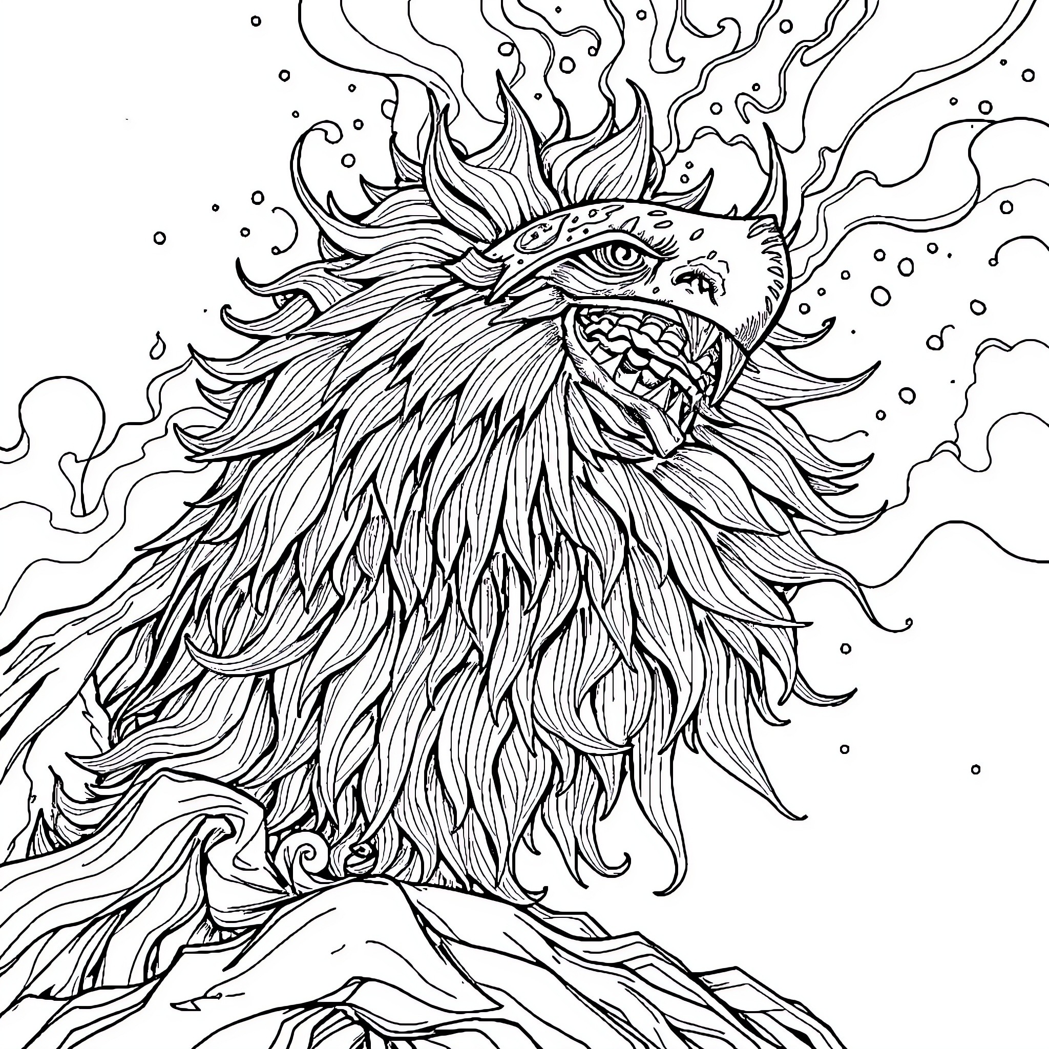 Rocket launches fierce mythical creature Coloring Page (free black-and-white line drawing printable PDF for all, from beginners to advanced learners, including children, teens, adults, and seniors)