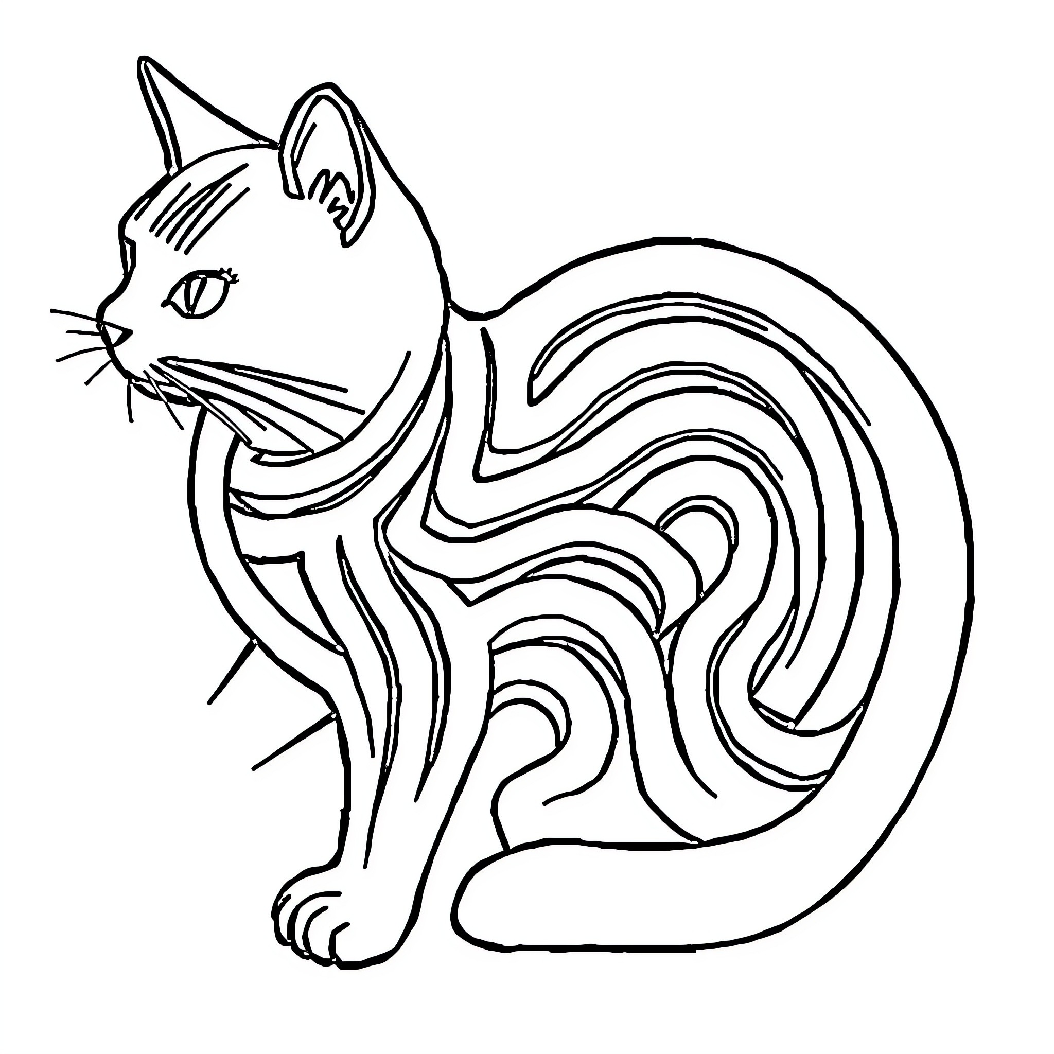 Cat in abstract line art design Coloring Page (free black-and-white line drawing printable PDF for all, from beginners to advanced learners, including children, teens, adults, and seniors)