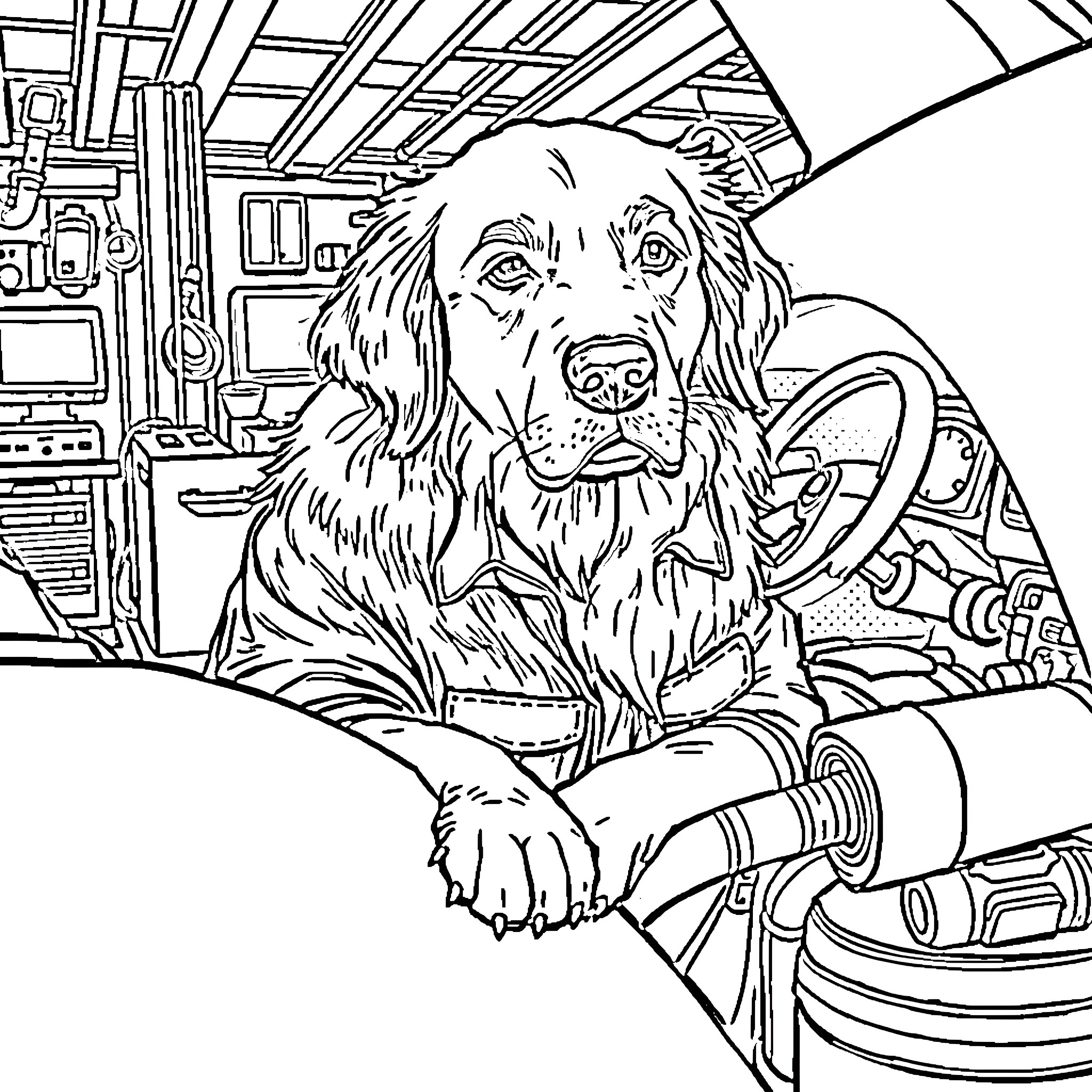 Golden Retriever in a workshop setting Coloring Page (free black-and-white line drawing printable PDF for all, from beginners to advanced learners, including children, teens, adults, and seniors)