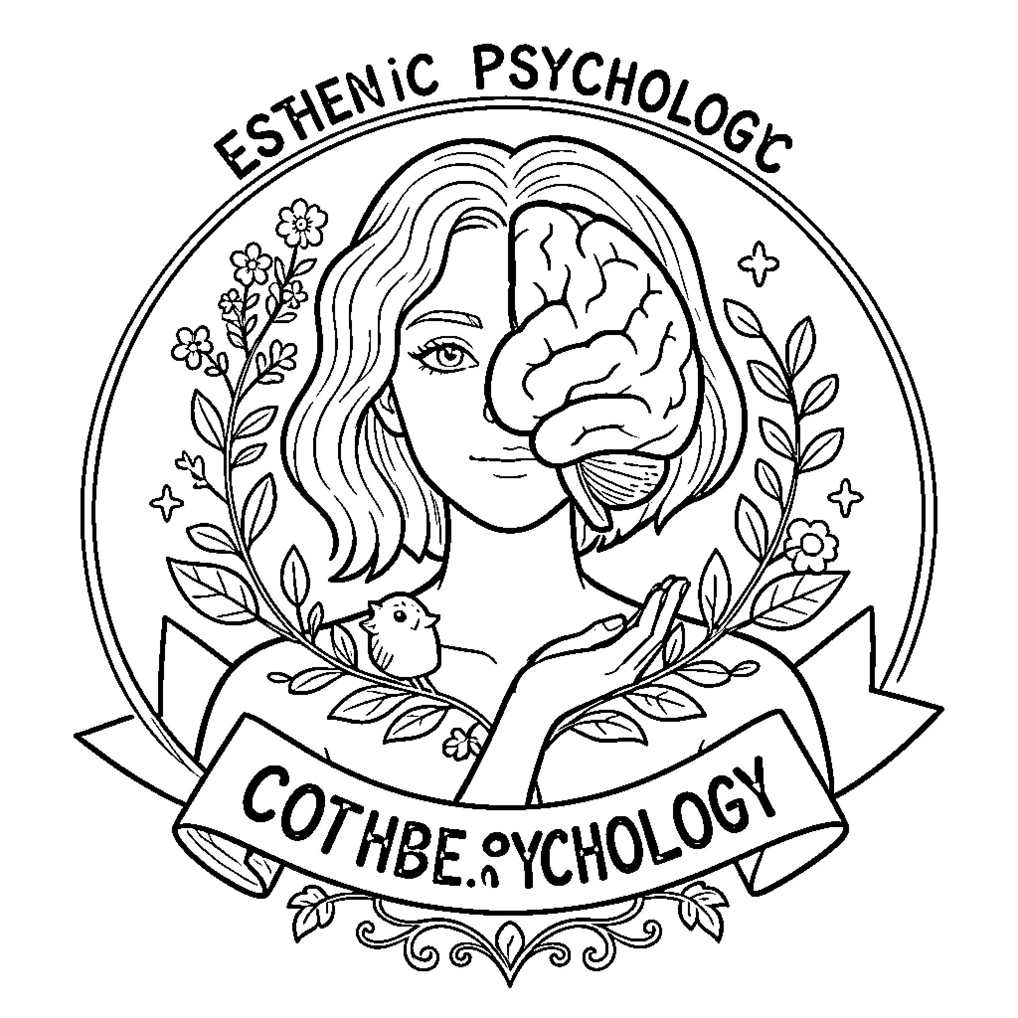 Psychology Logo with Woman, Brain, and Nature Imagery Coloring Page (free black-and-white line drawing printable PDF for all, from beginners to advanced learners, including children, teens, adults, and seniors)