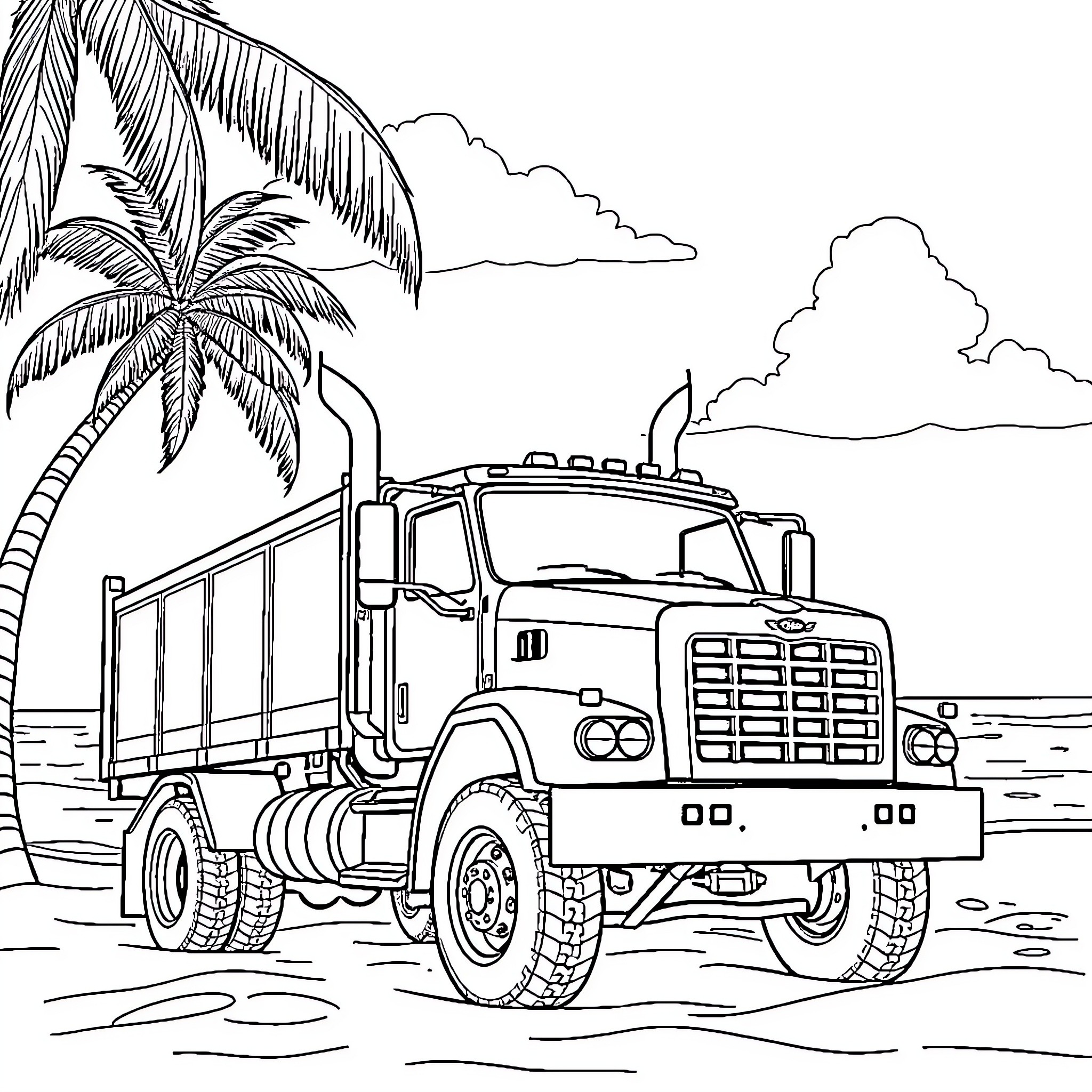 Truck transporting cargo on tropical beach Coloring Page (free black-and-white line drawing printable PDF for all, from beginners to advanced learners, including children, teens, adults, and seniors)