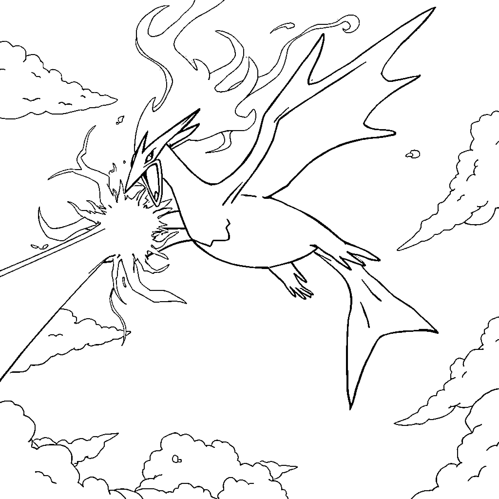 Lugia unleashing powerful energy in the sky Coloring Page (free black-and-white line drawing printable PDF for all, from beginners to advanced learners, including children, teens, adults, and seniors)