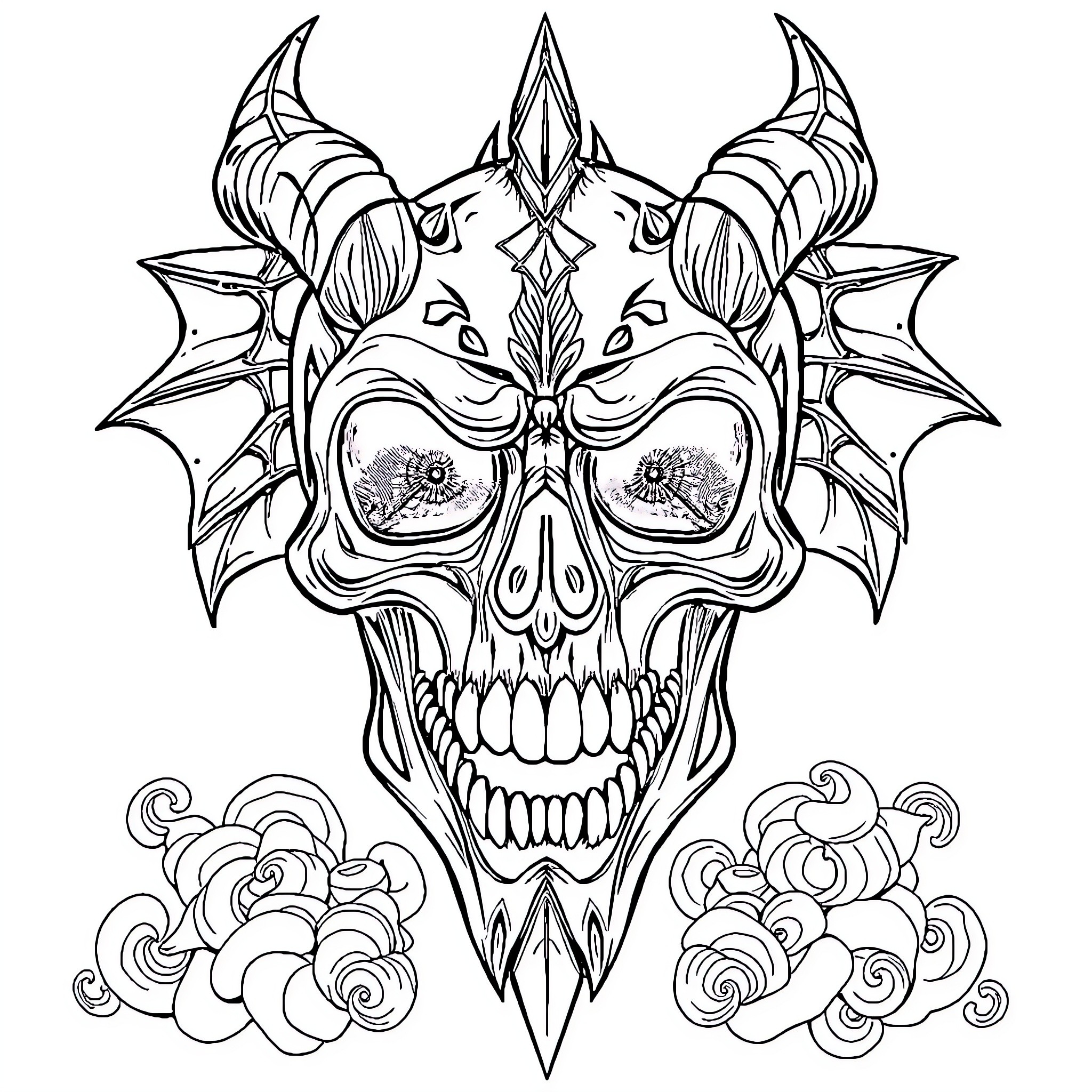 Skull with Demonic Horns and Abstract Swirls Coloring Page (free black-and-white line drawing printable PDF for all, from beginners to advanced learners, including children, teens, adults, and seniors)