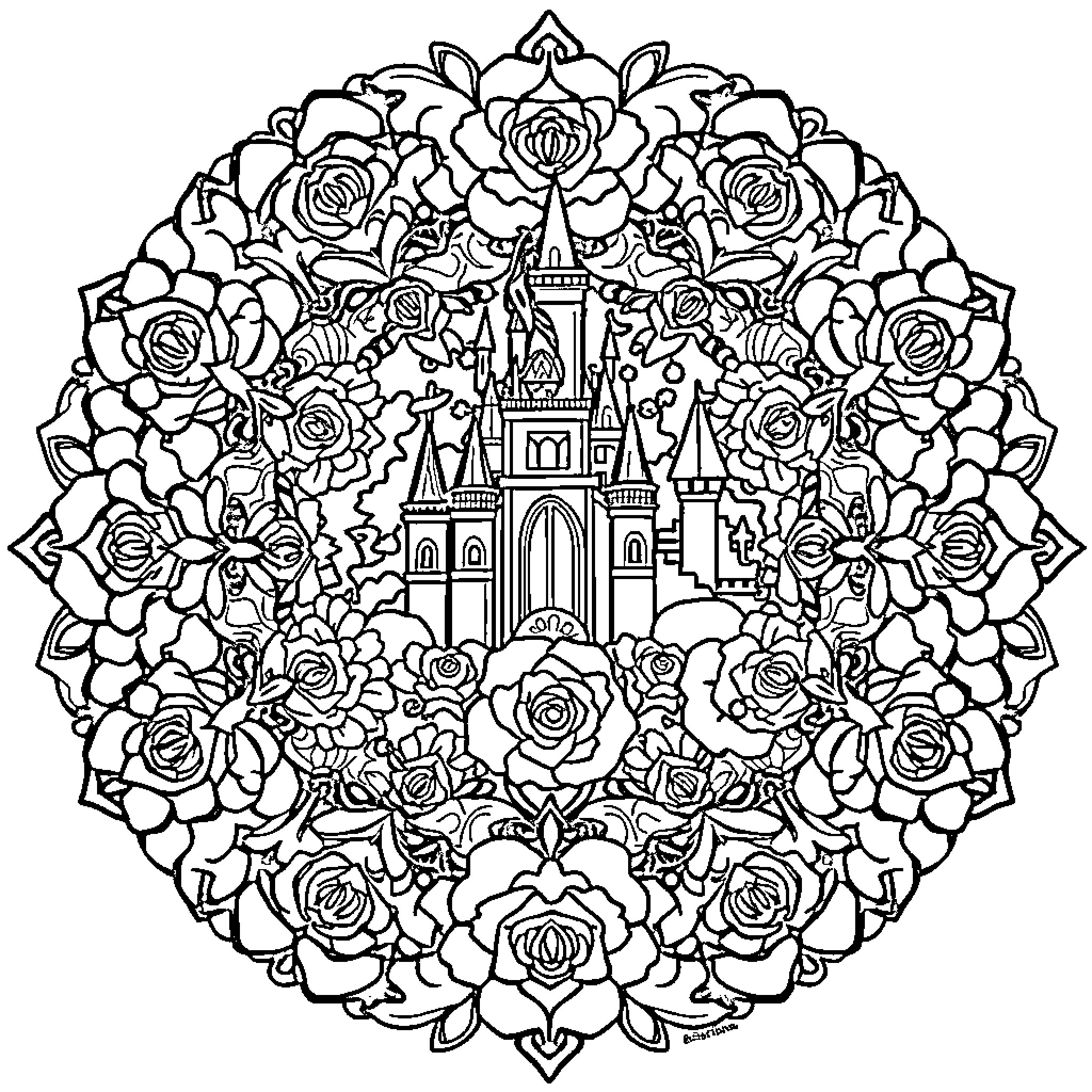 Beauty And The Beast: Enchanted Castle Surrounded By Flowers Coloring Page (free black-and-white line drawing printable PDF for all, from beginners to advanced learners, including children, teens, adults, and seniors)