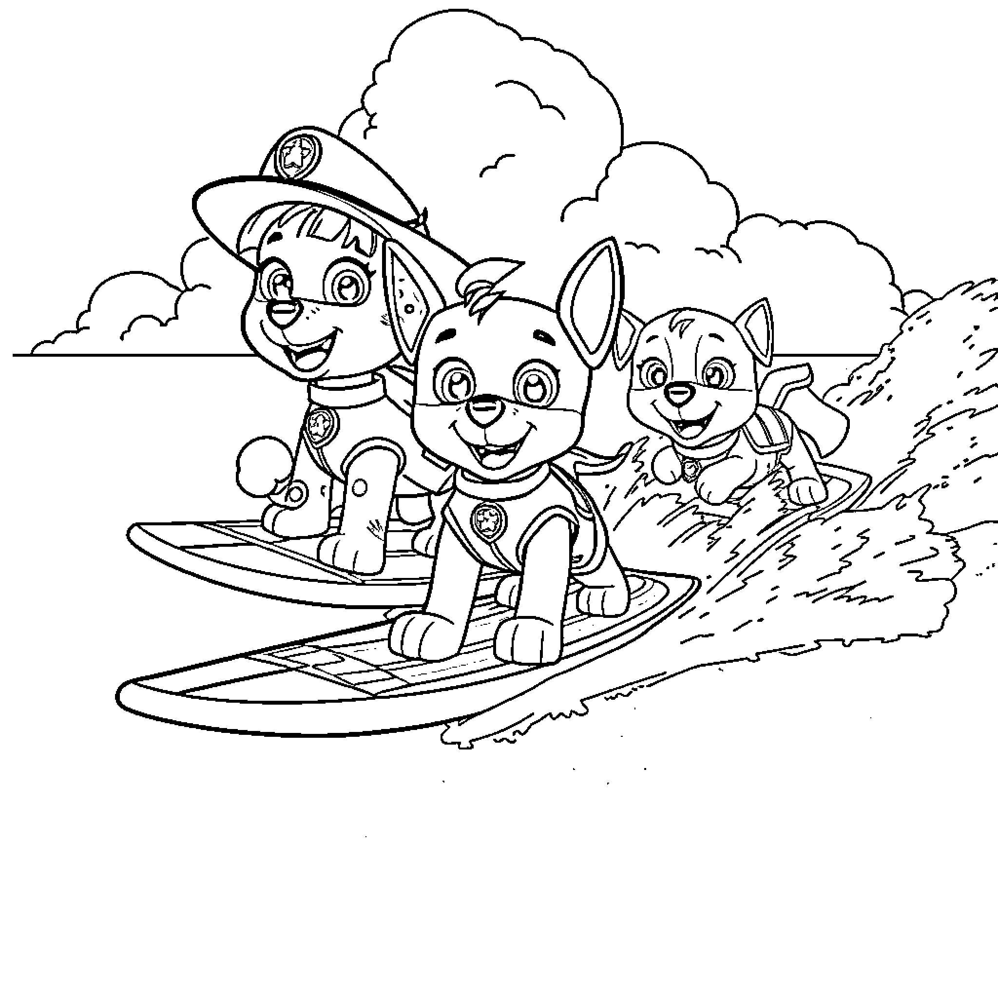 Paw Patrol surfing on waves with dog companions Coloring Page (free black-and-white line drawing printable PDF for all, from beginners to advanced learners, including children, teens, adults, and seniors)
