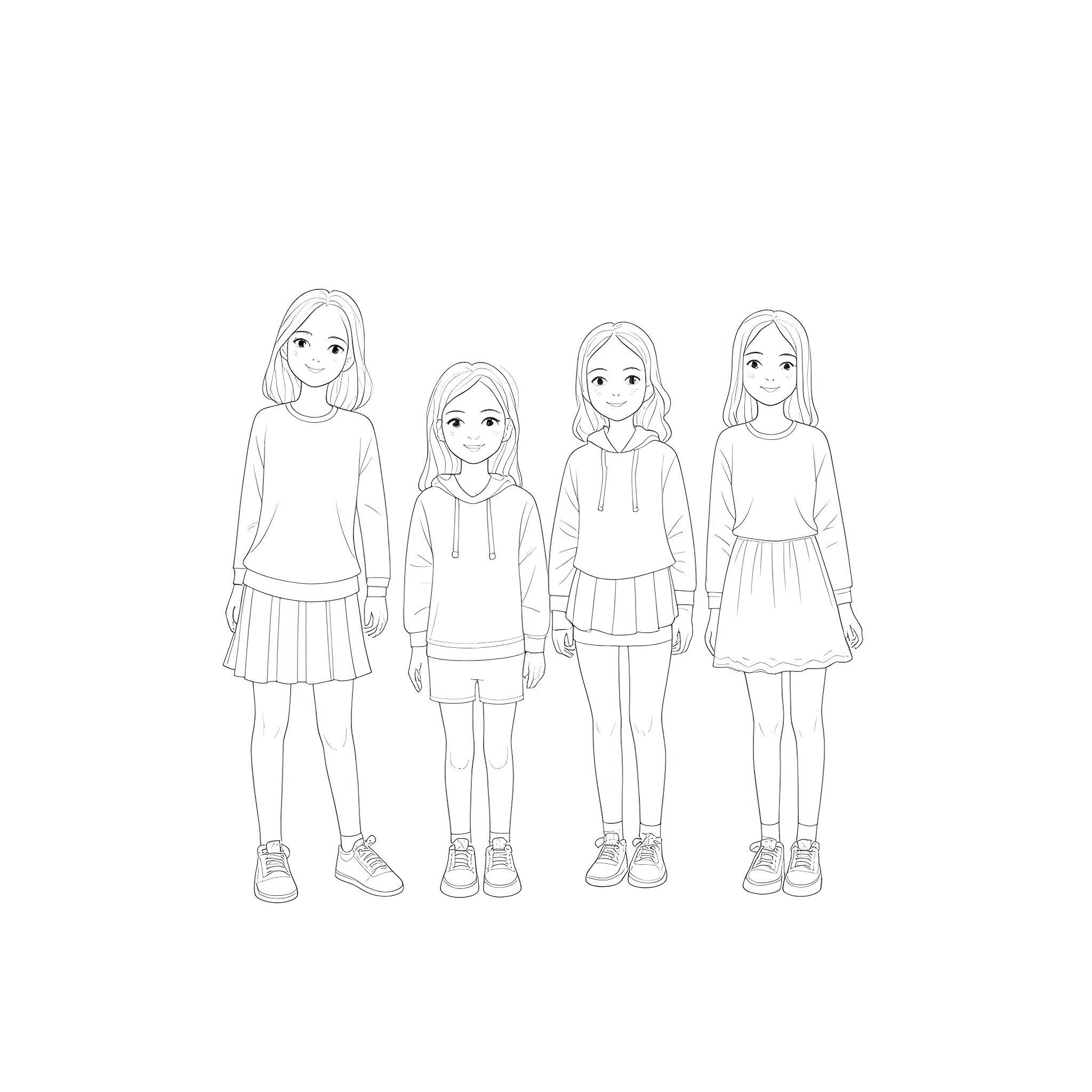 Girls in casual outfits standing together Coloring Page (free black-and-white line drawing printable PDF for all, from beginners to advanced learners, including children, teens, adults, and seniors)