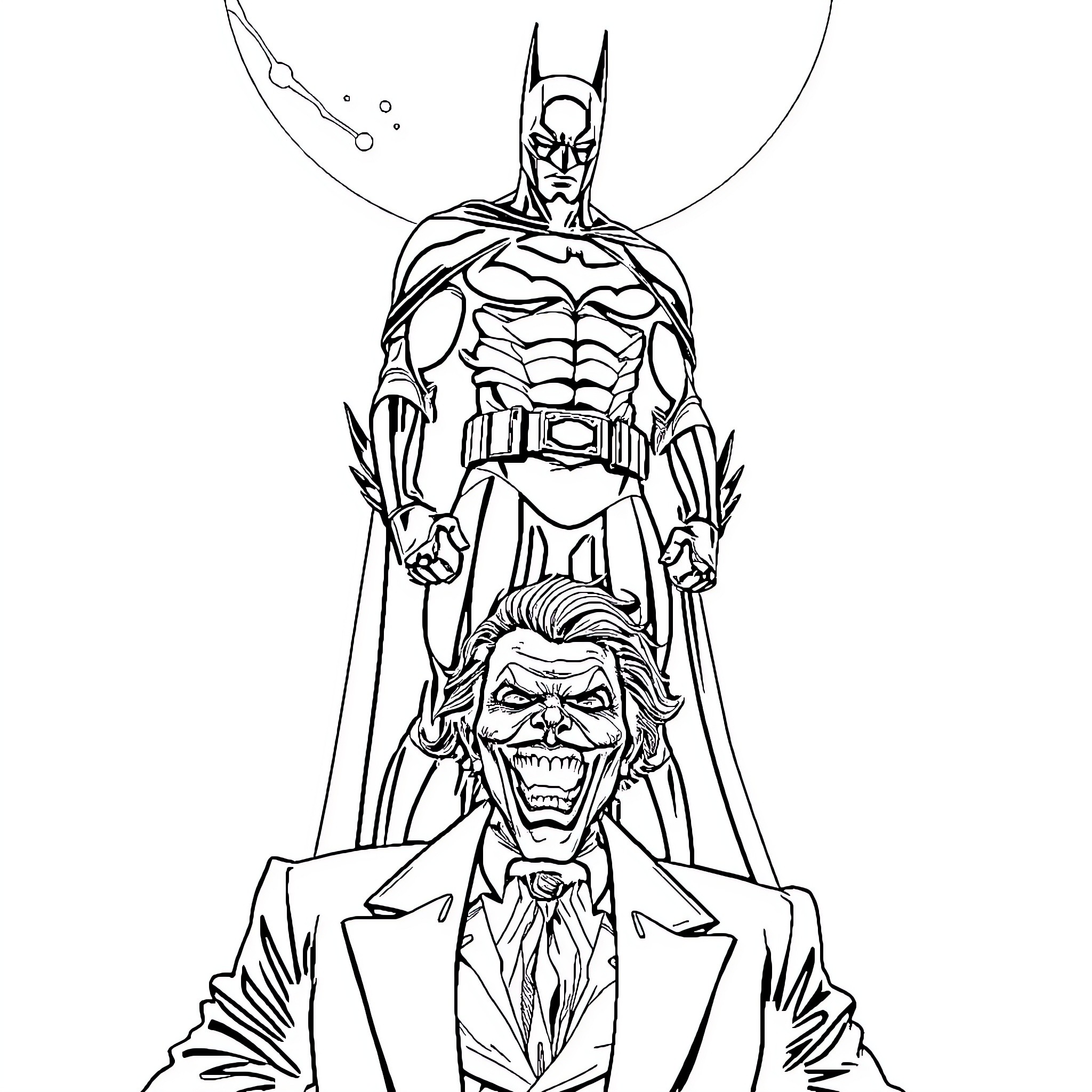 Batman Confronting Villainous Joker in Dramatic Pose Coloring Page (free black-and-white line drawing printable PDF for all, from beginners to advanced learners, including children, teens, adults, and seniors)