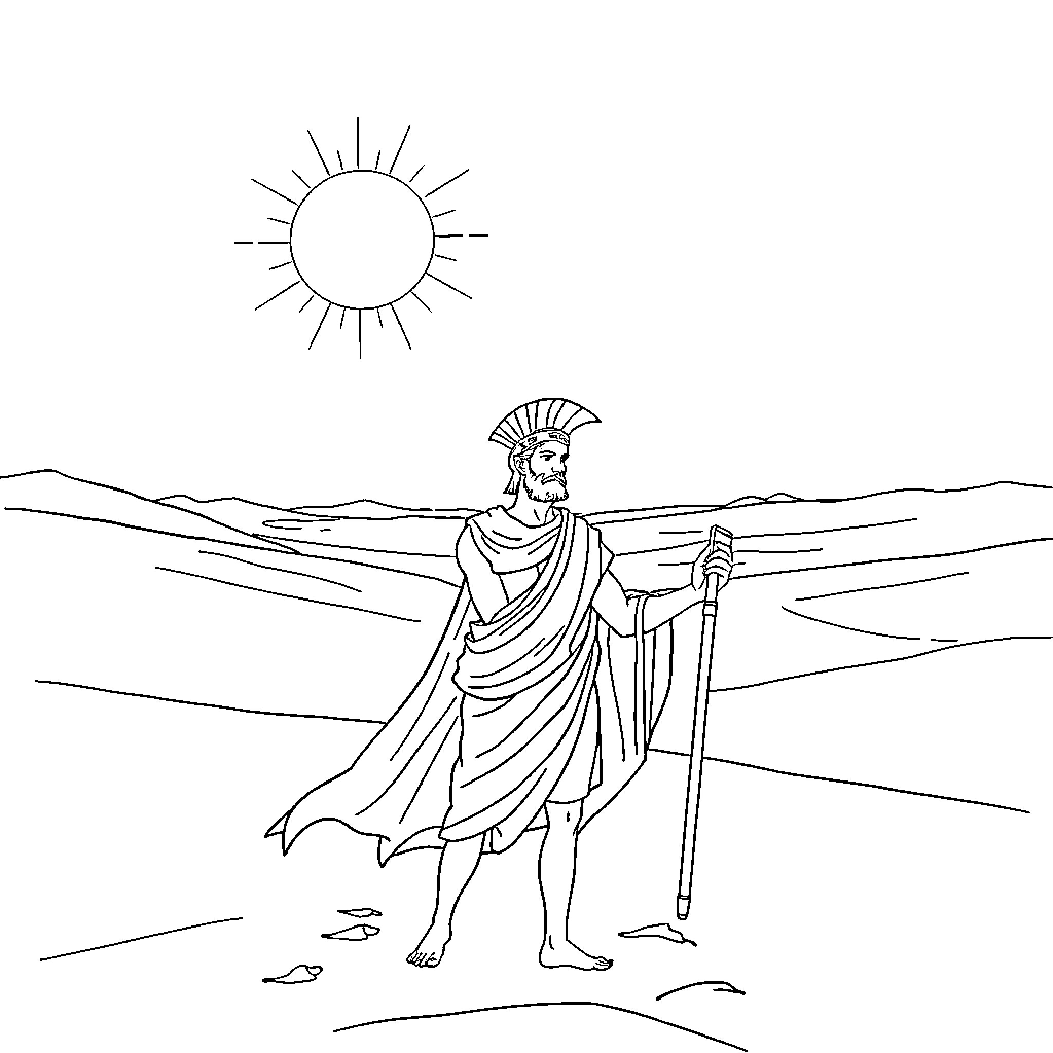 Achilles standing solemnly in the desert landscape Coloring Page (free black-and-white line drawing printable PDF for all, from beginners to advanced learners, including children, teens, adults, and seniors)