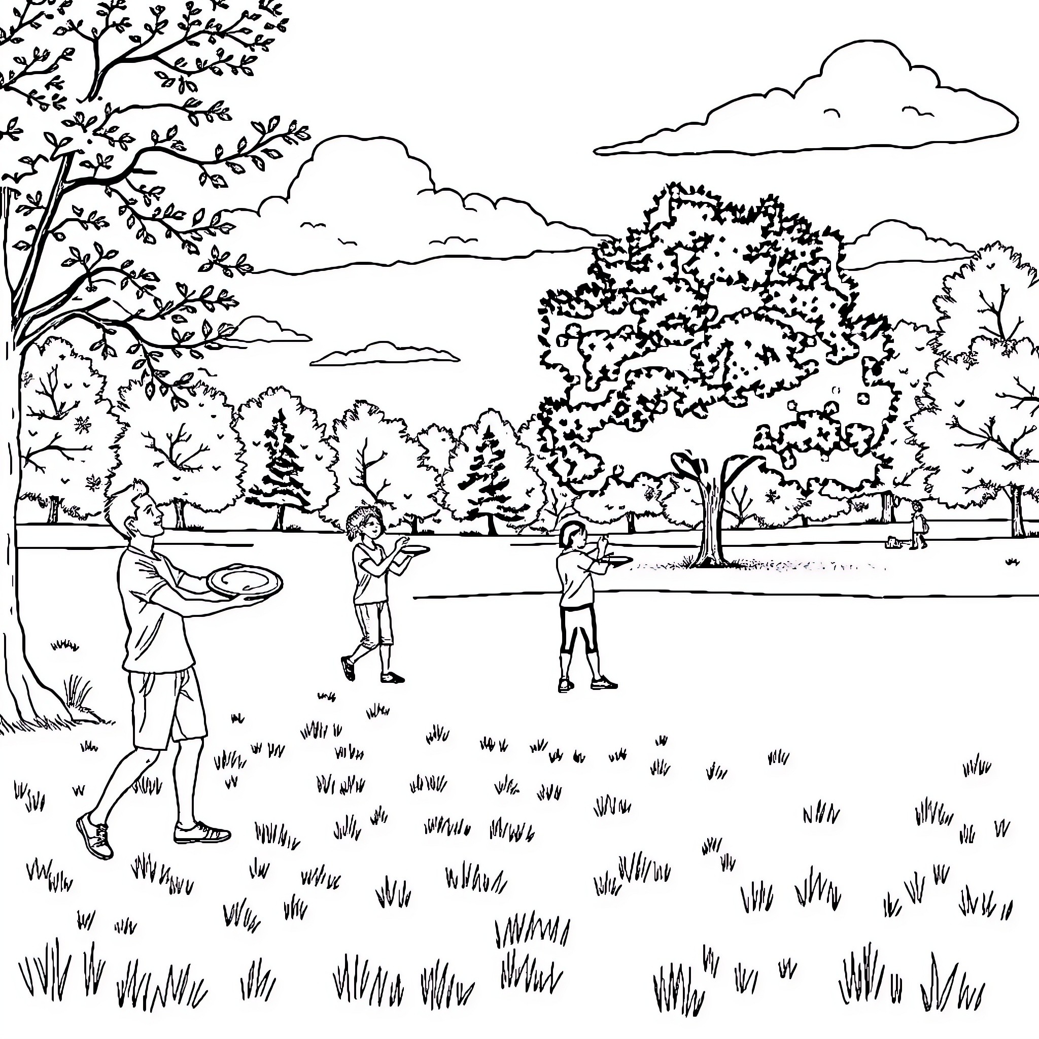 Disc Golf Players Enjoying Scenic Outdoor Park Coloring Page (free black-and-white line drawing printable PDF for all, from beginners to advanced learners, including children, teens, adults, and seniors)