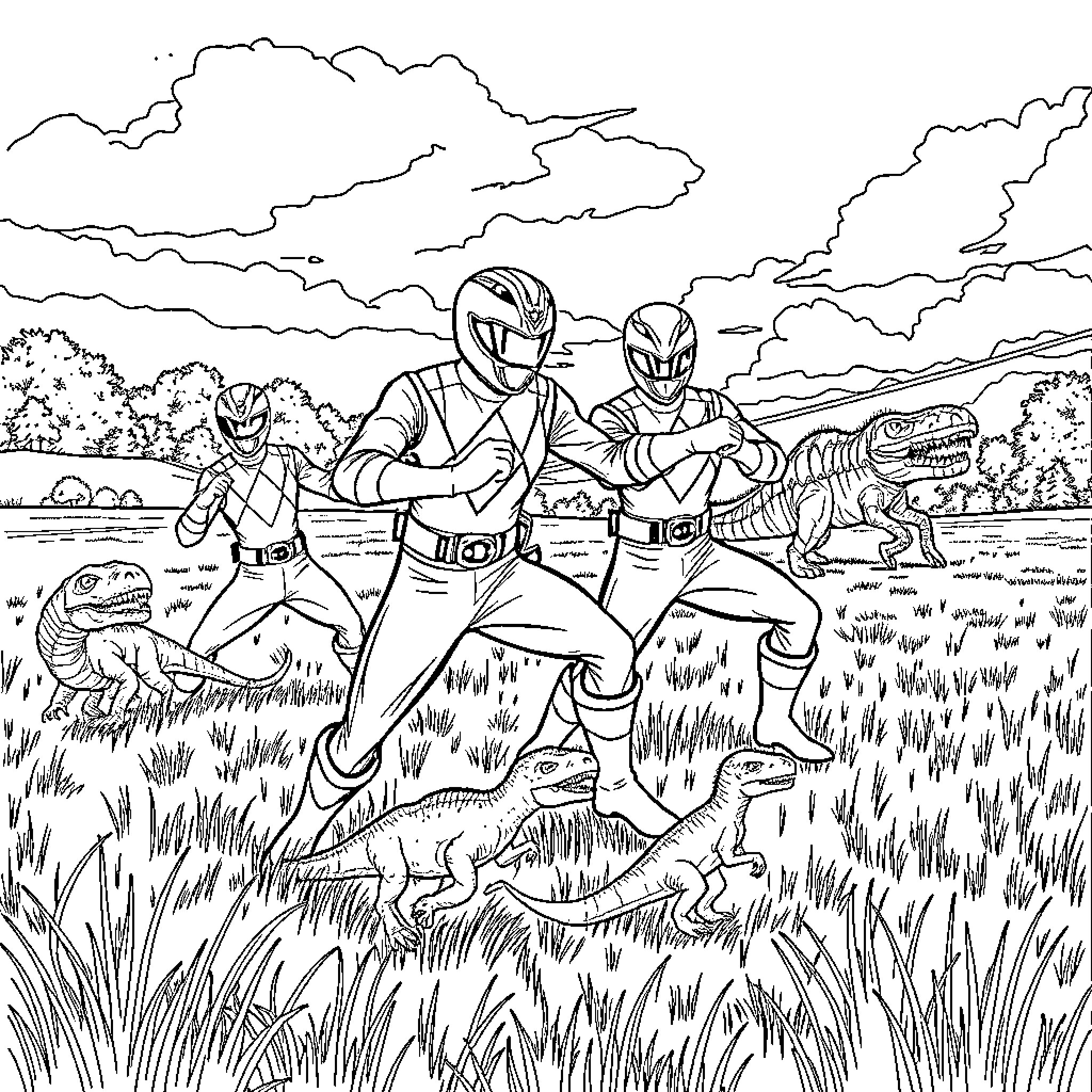 Power Rangers Battling Dinosaur Creatures in Nature Coloring Page (free black-and-white line drawing printable PDF for all, from beginners to advanced learners, including children, teens, adults, and seniors)