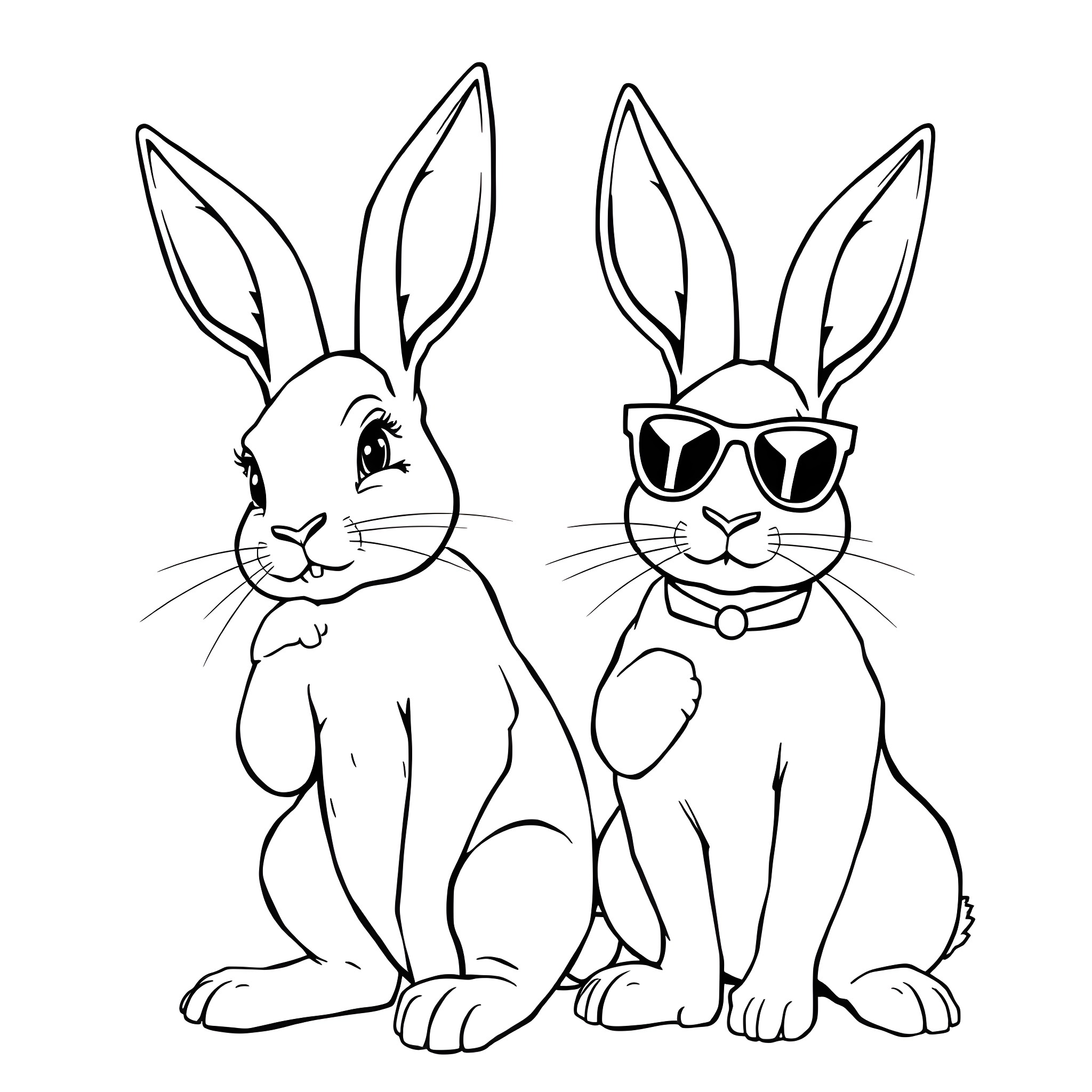 Bunny friends in stylish sunglasses Coloring Page (free black-and-white line drawing printable PDF for all, from beginners to advanced learners, including children, teens, adults, and seniors)