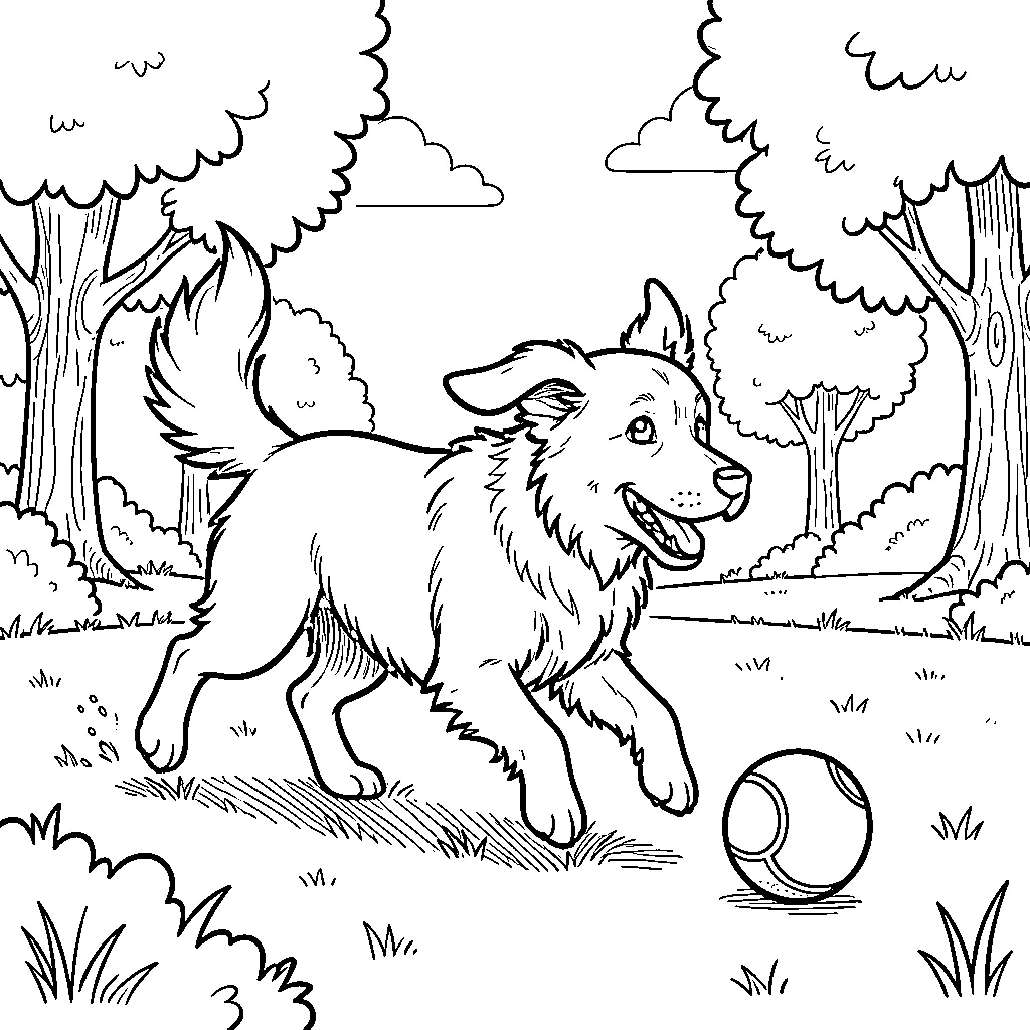 Dog running happily chasing a ball in a park Coloring Page (free black-and-white line drawing printable PDF for all, from beginners to advanced learners, including children, teens, adults, and seniors)