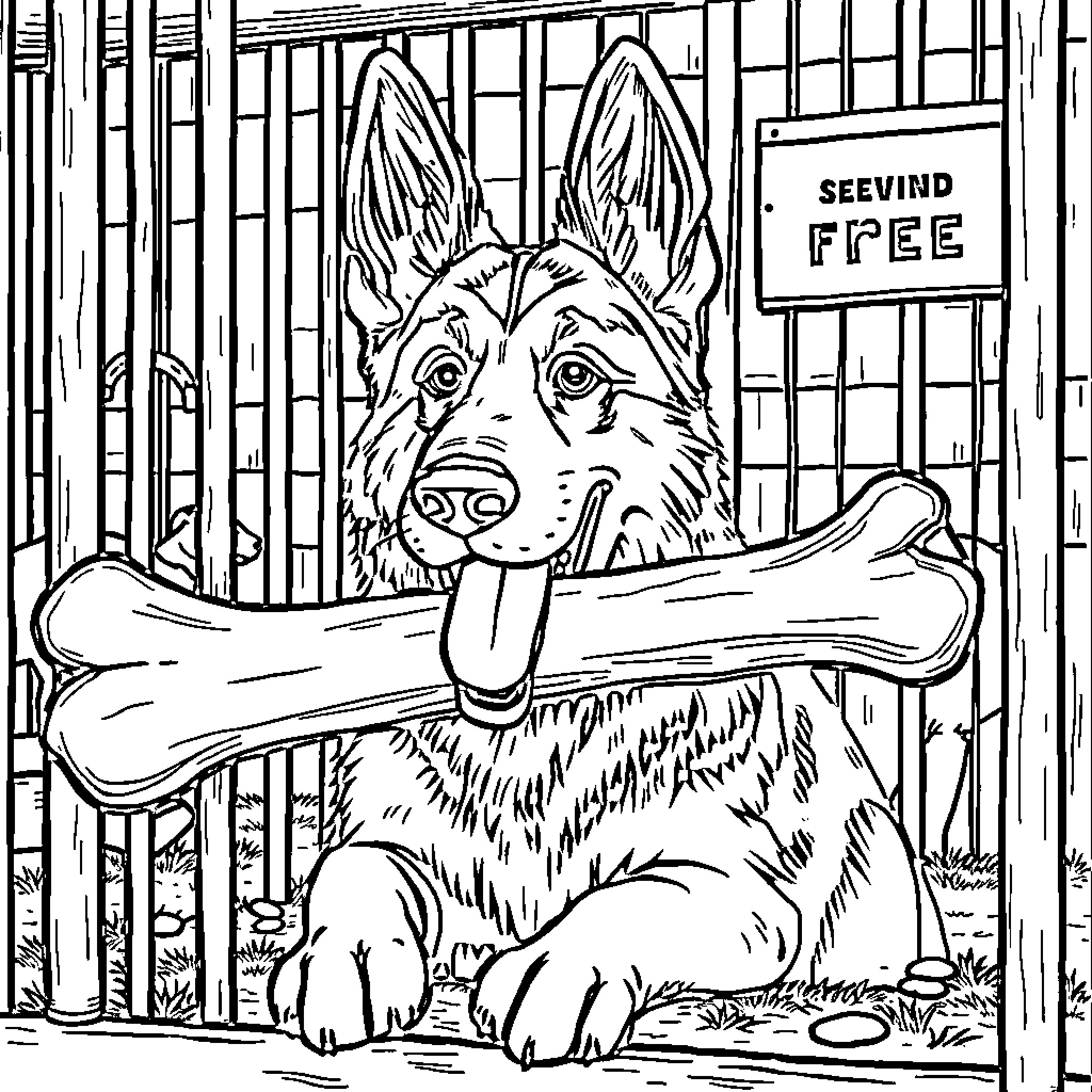 German Shepherd Playfully Holding Large Bone at Fence Coloring Page (free black-and-white line drawing printable PDF for all, from beginners to advanced learners, including children, teens, adults, and seniors)