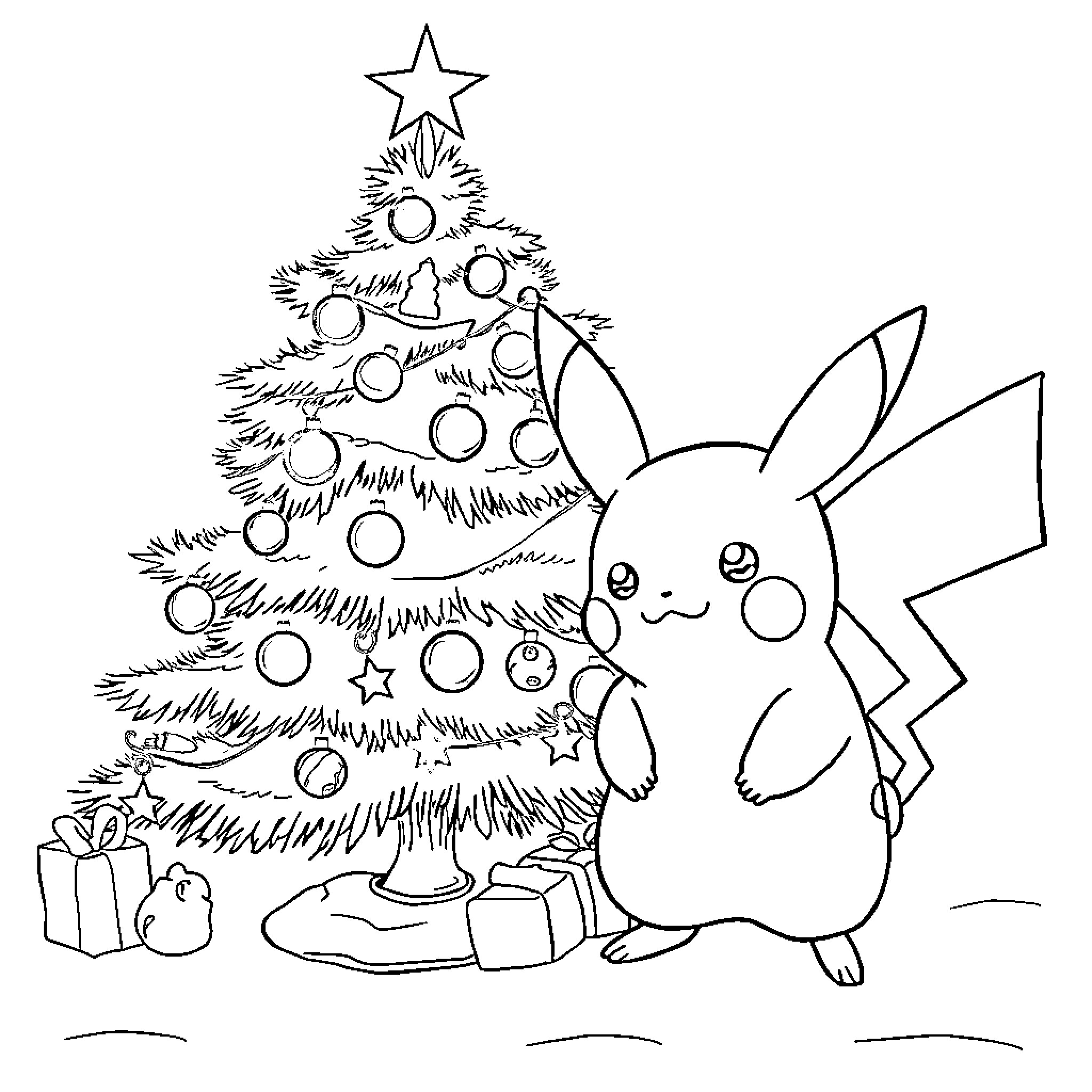 Pikachu celebrating Christmas by the tree Coloring Page (free black-and-white line drawing printable PDF for all, from beginners to advanced learners, including children, teens, adults, and seniors)