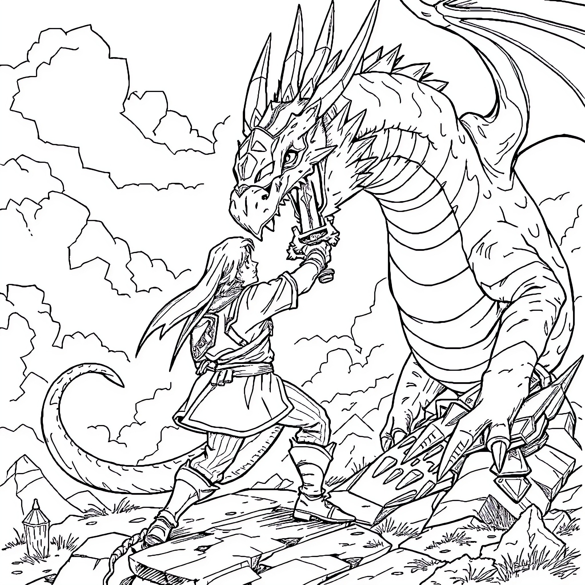 Link Battles Ferocious Dragon in Mystical Landscape Coloring Page (free black-and-white line drawing printable PDF for all, from beginners to advanced learners, including children, teens, adults, and seniors)