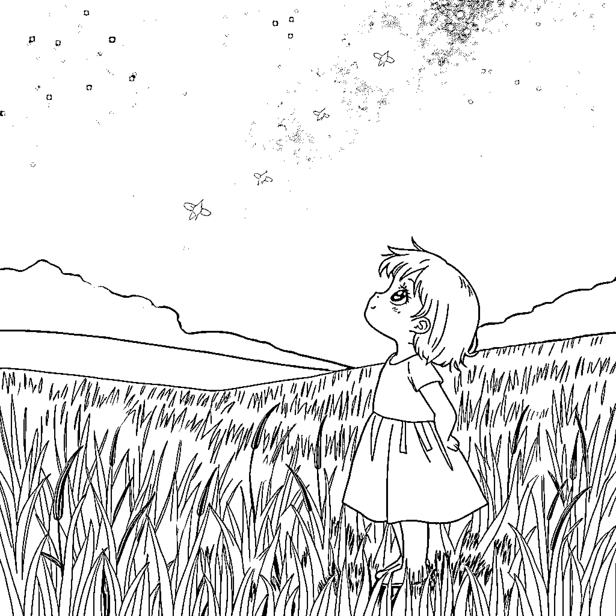 Girl explores wondrous field with butterflies Coloring Page (free black-and-white line drawing printable PDF for all, from beginners to advanced learners, including children, teens, adults, and seniors)