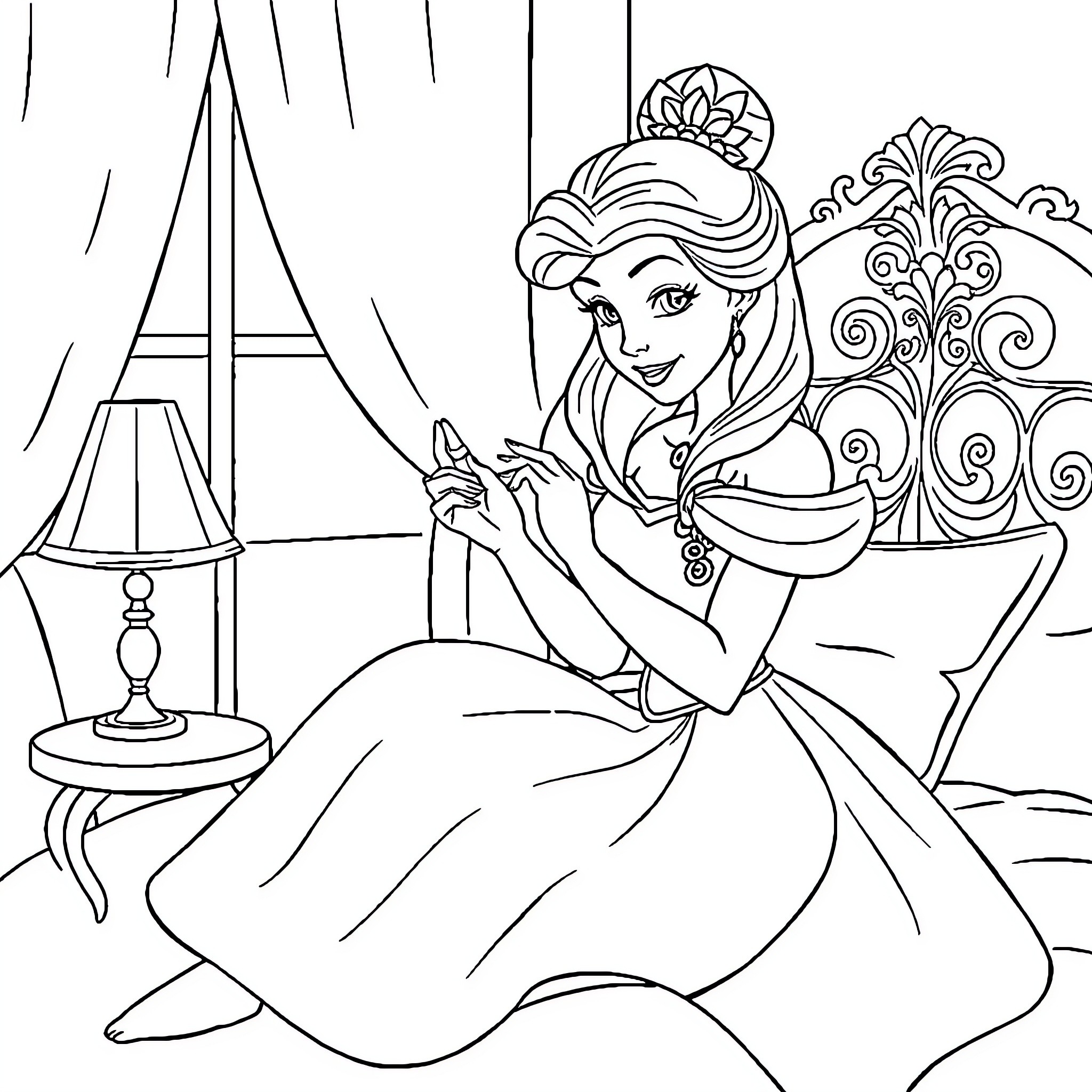 Princess Relaxing in a Luxurious Room Coloring Page (free black-and-white line drawing printable PDF for all, from beginners to advanced learners, including children, teens, adults, and seniors)