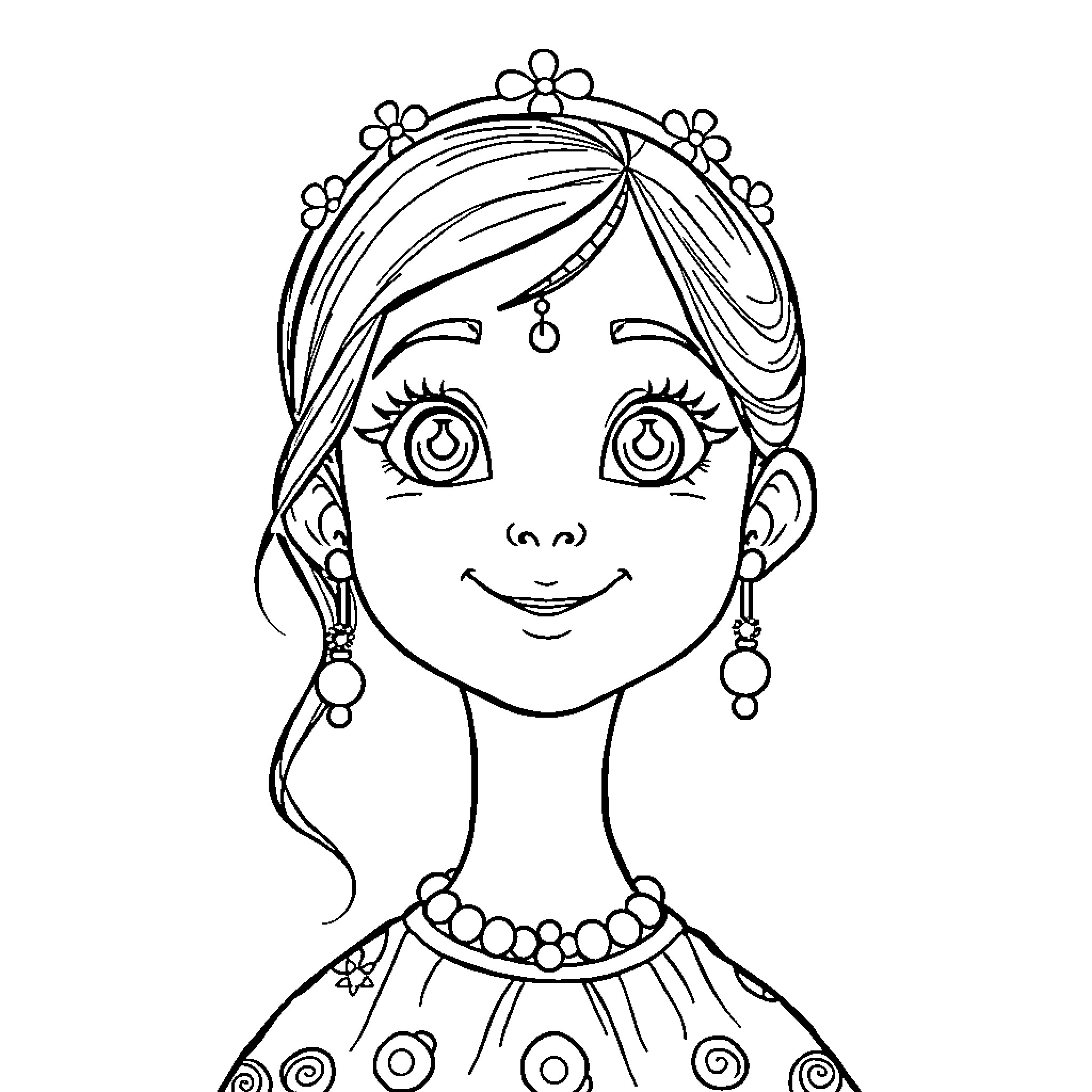 Diya's Joyful Celebration in Traditional Attire Coloring Page (free black-and-white line drawing printable PDF for all, from beginners to advanced learners, including children, teens, adults, and seniors)