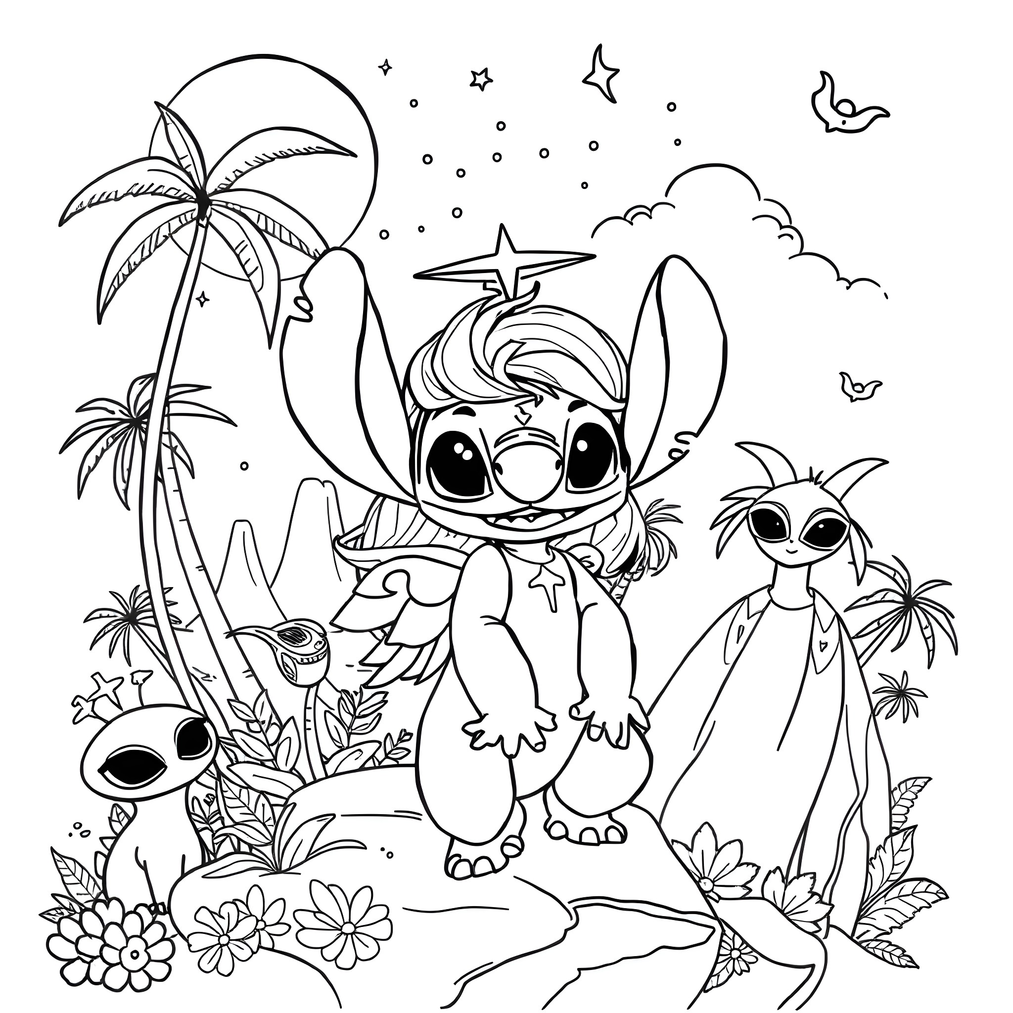 Angel's Tropical Adventure Coloring Page (free black-and-white line drawing printable PDF for all, from beginners to advanced learners, including children, teens, adults, and seniors)