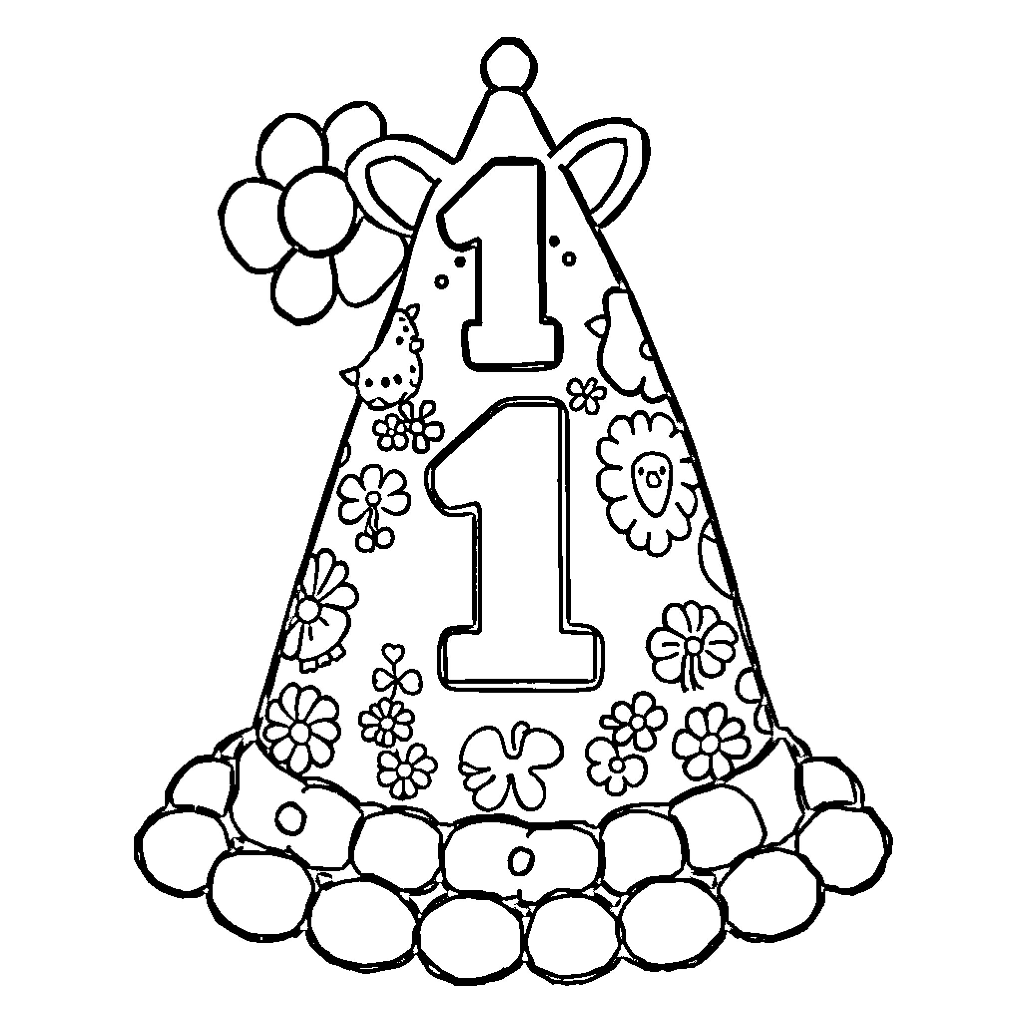 Birthday Hat with Floral Decorations and Number 1 Coloring Page (free black-and-white line drawing printable PDF for all, from beginners to advanced learners, including children, teens, adults, and seniors)
