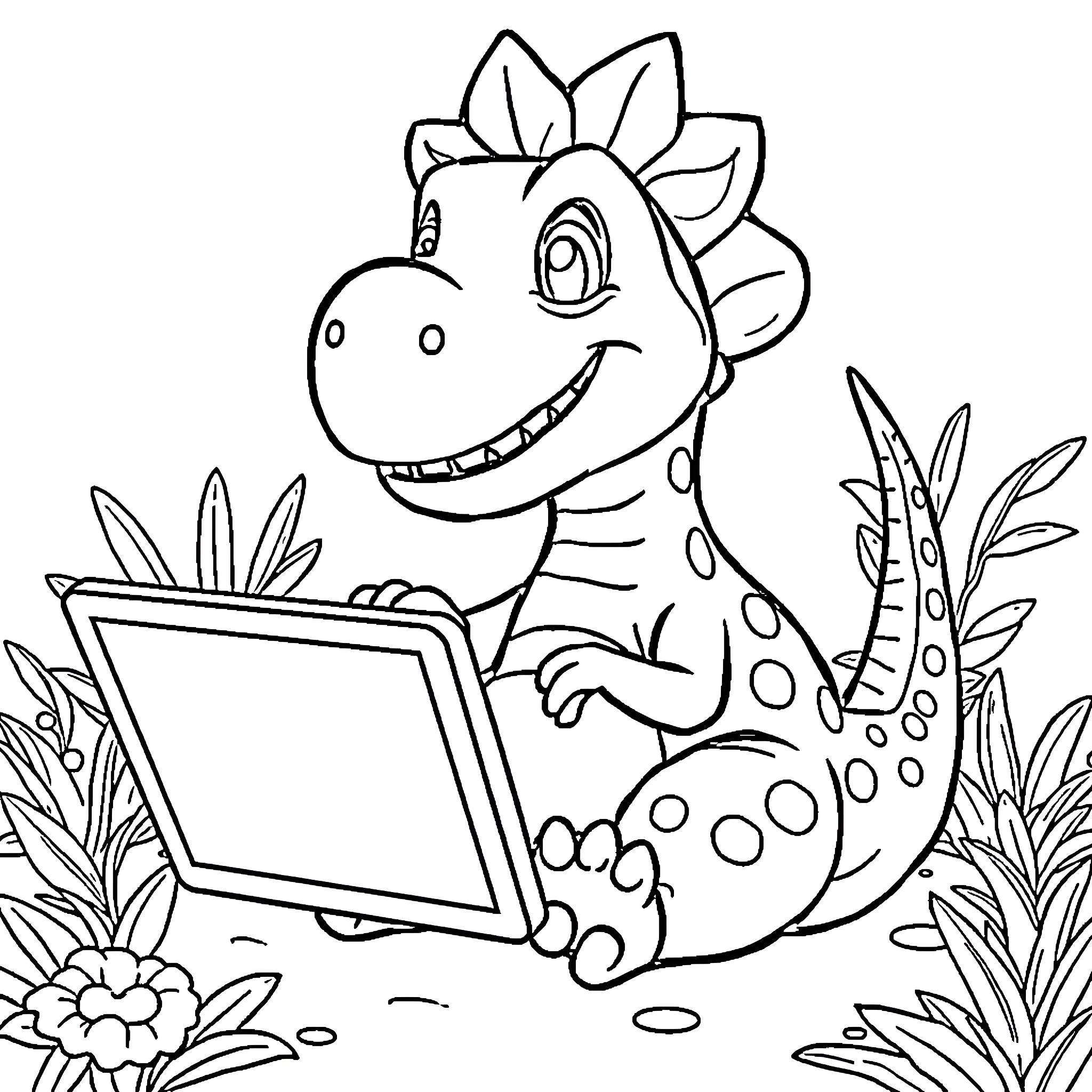 Dino reading a book in nature Coloring Page (free black-and-white line drawing printable PDF for all, from beginners to advanced learners, including children, teens, adults, and seniors)
