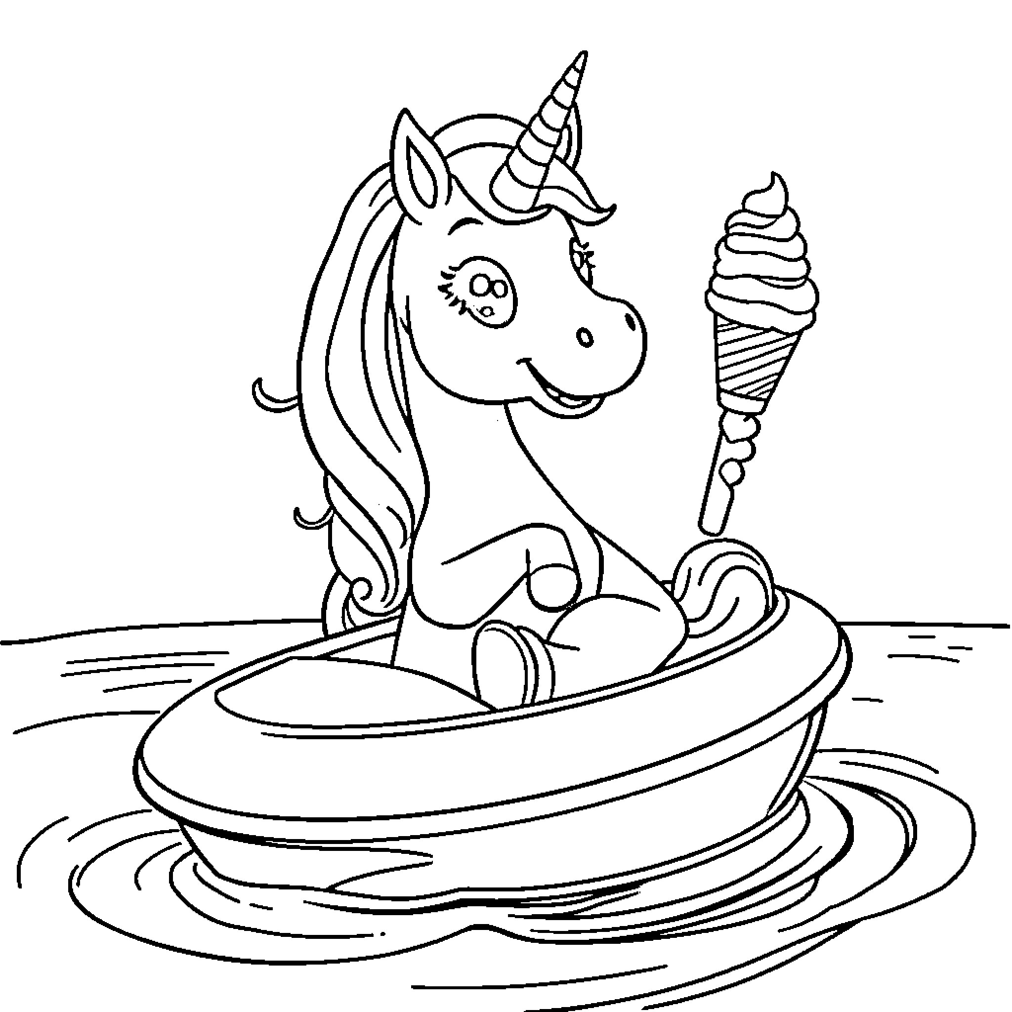 Unicorn enjoying an ice cream treat in a floating boat Coloring Page (free black-and-white line drawing printable PDF for all, from beginners to advanced learners, including children, teens, adults, and seniors)