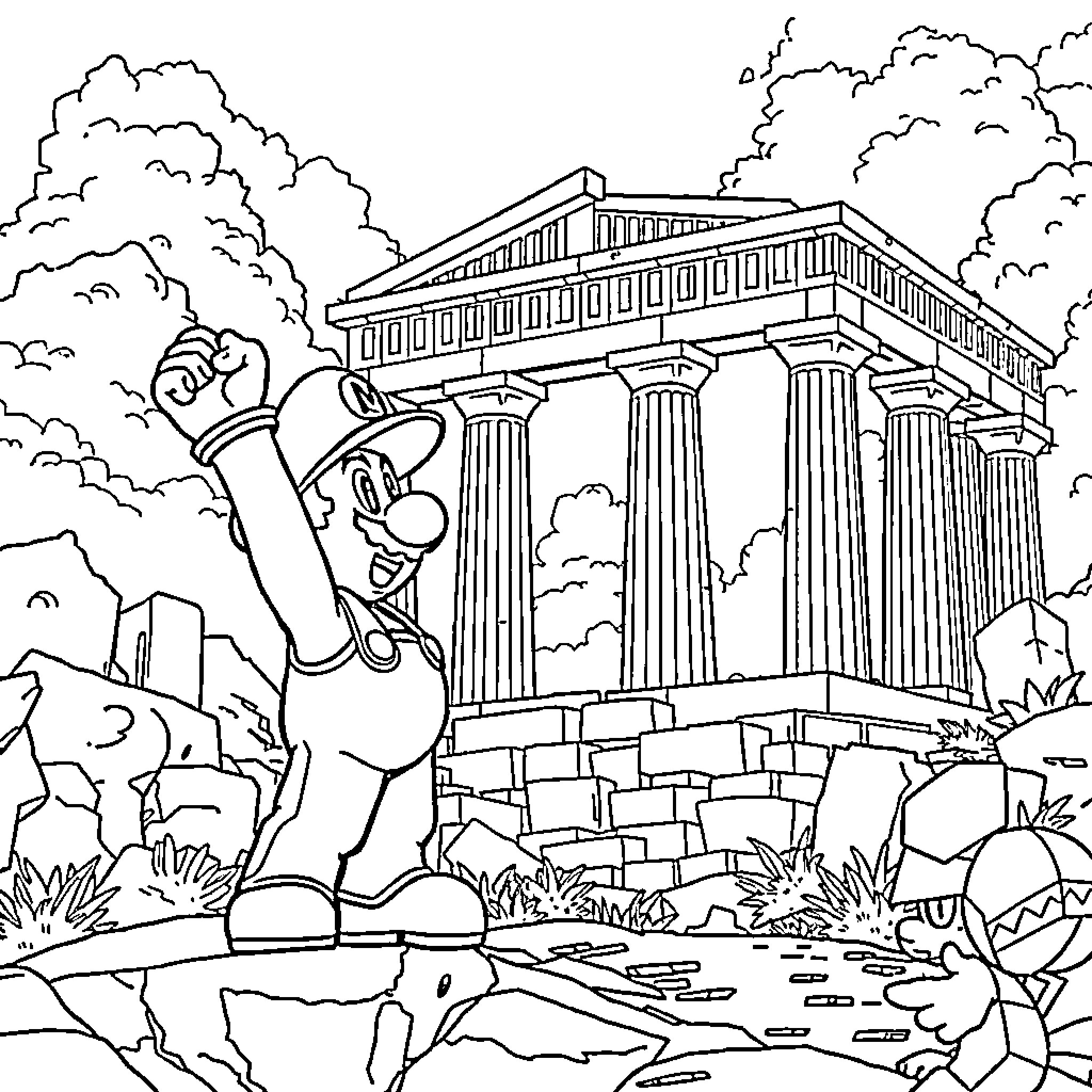 Mario Explores Ancient Greek Architecture Coloring Page (free black-and-white line drawing printable PDF for all, from beginners to advanced learners, including children, teens, adults, and seniors)