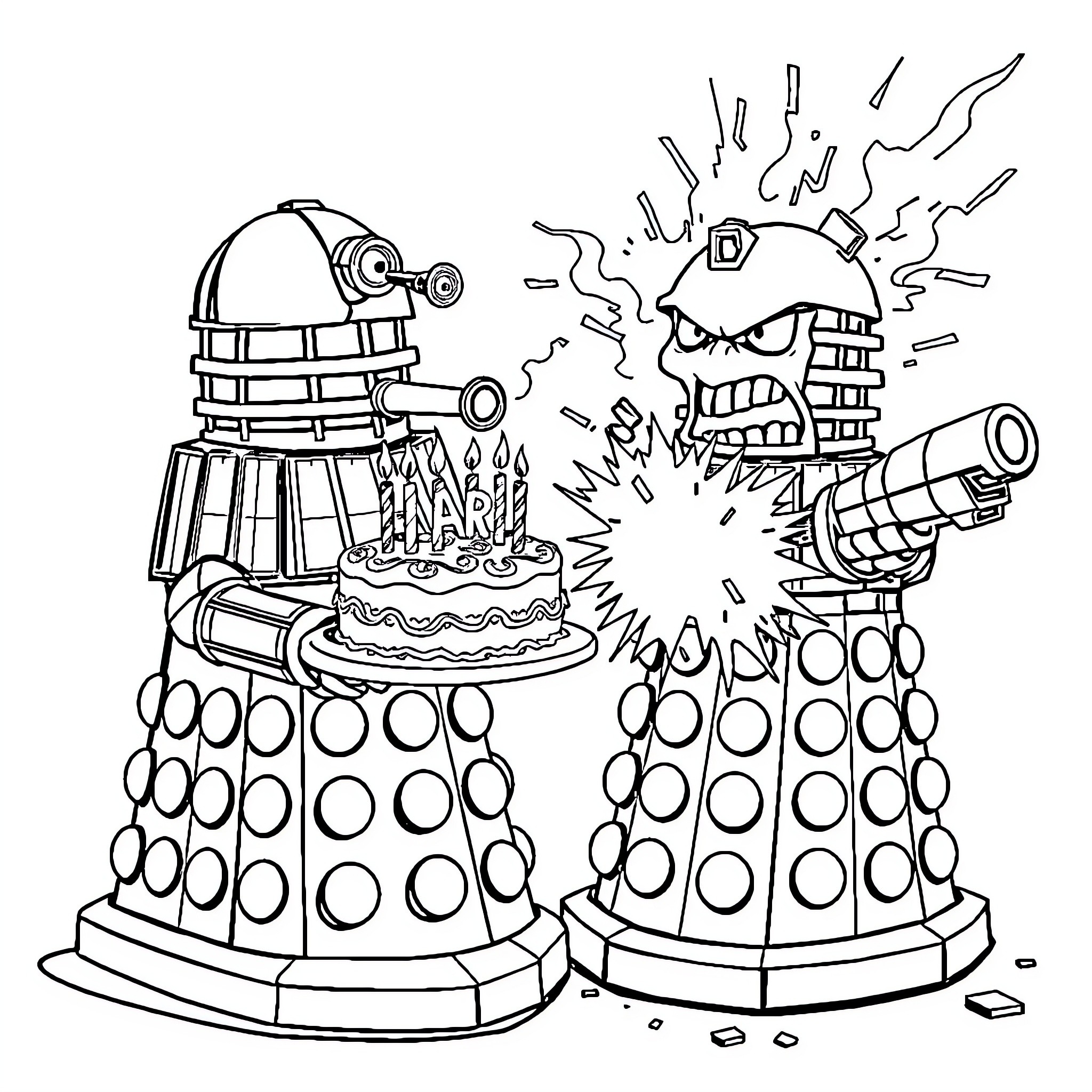 Daleks Battling with Cake and Explosions Coloring Page (free black-and-white line drawing printable PDF for all, from beginners to advanced learners, including children, teens, adults, and seniors)
