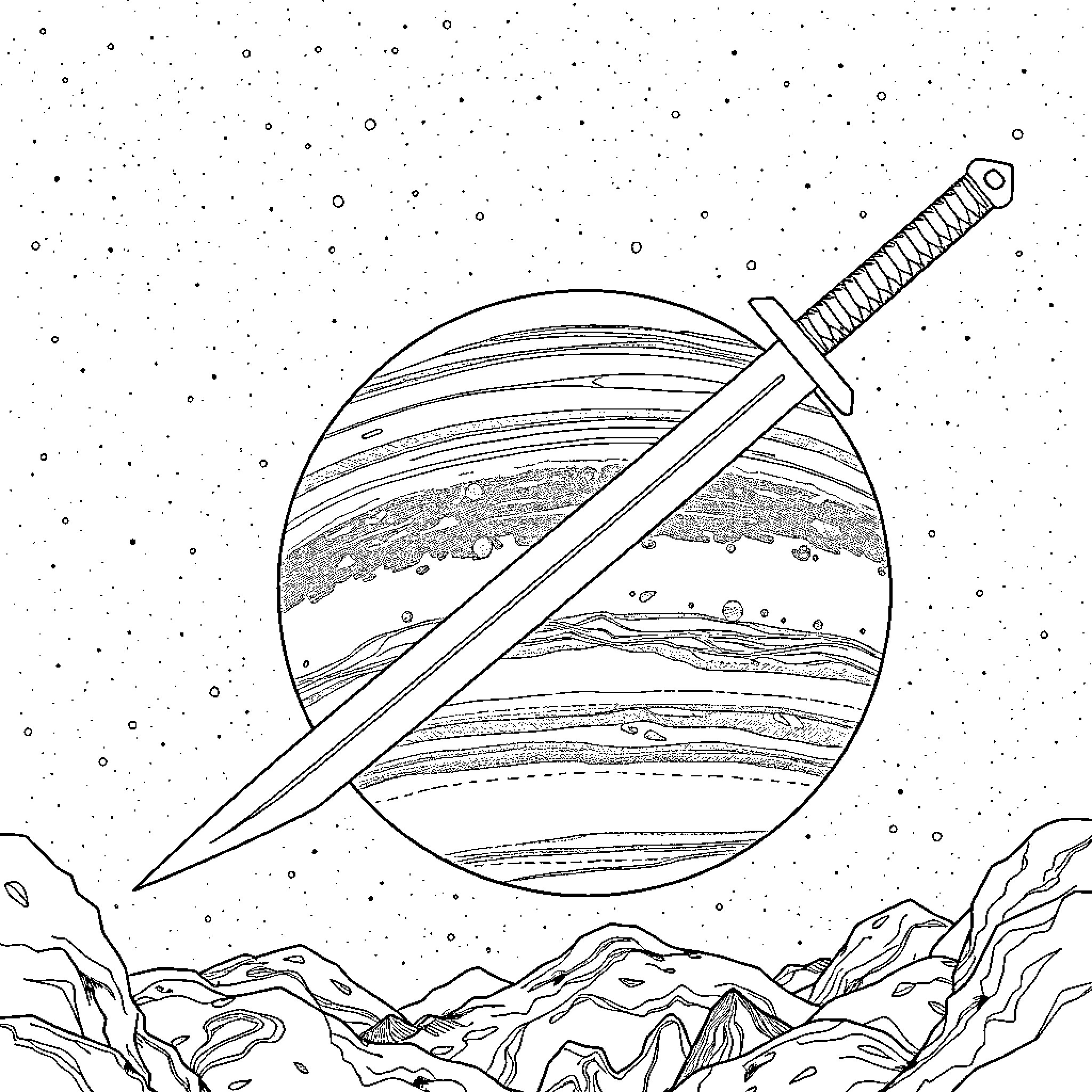 Katana sword in the moonlit starry sky Coloring Page (free black-and-white line drawing printable PDF for all, from beginners to advanced learners, including children, teens, adults, and seniors)