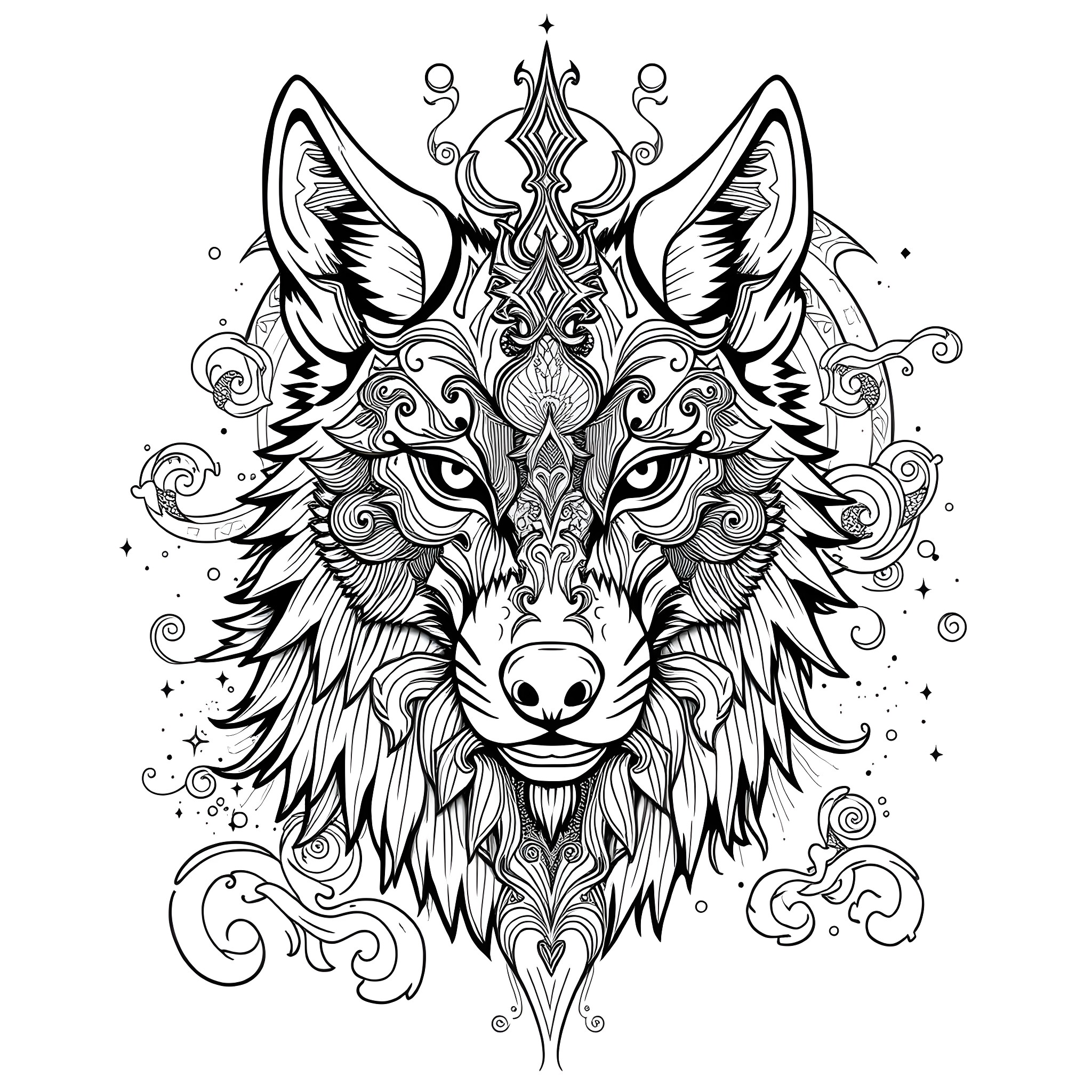 Wolf with Intricate Ornamental Design Coloring Page (free black-and-white line drawing printable PDF for all, from beginners to advanced learners, including children, teens, adults, and seniors)