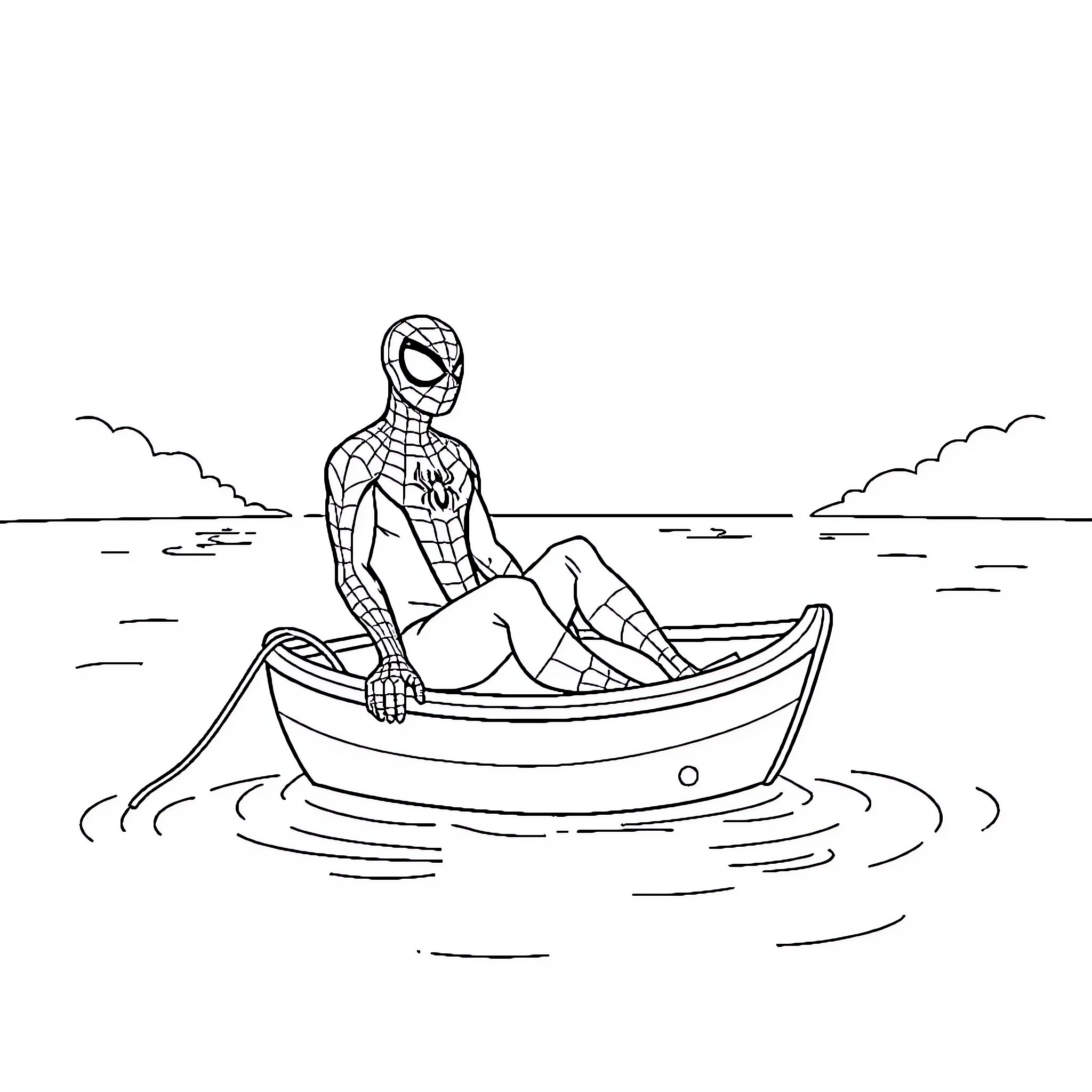 Spiderman relaxing in a boat on the water Coloring Page (free black-and-white line drawing printable PDF for all, from beginners to advanced learners, including children, teens, adults, and seniors)