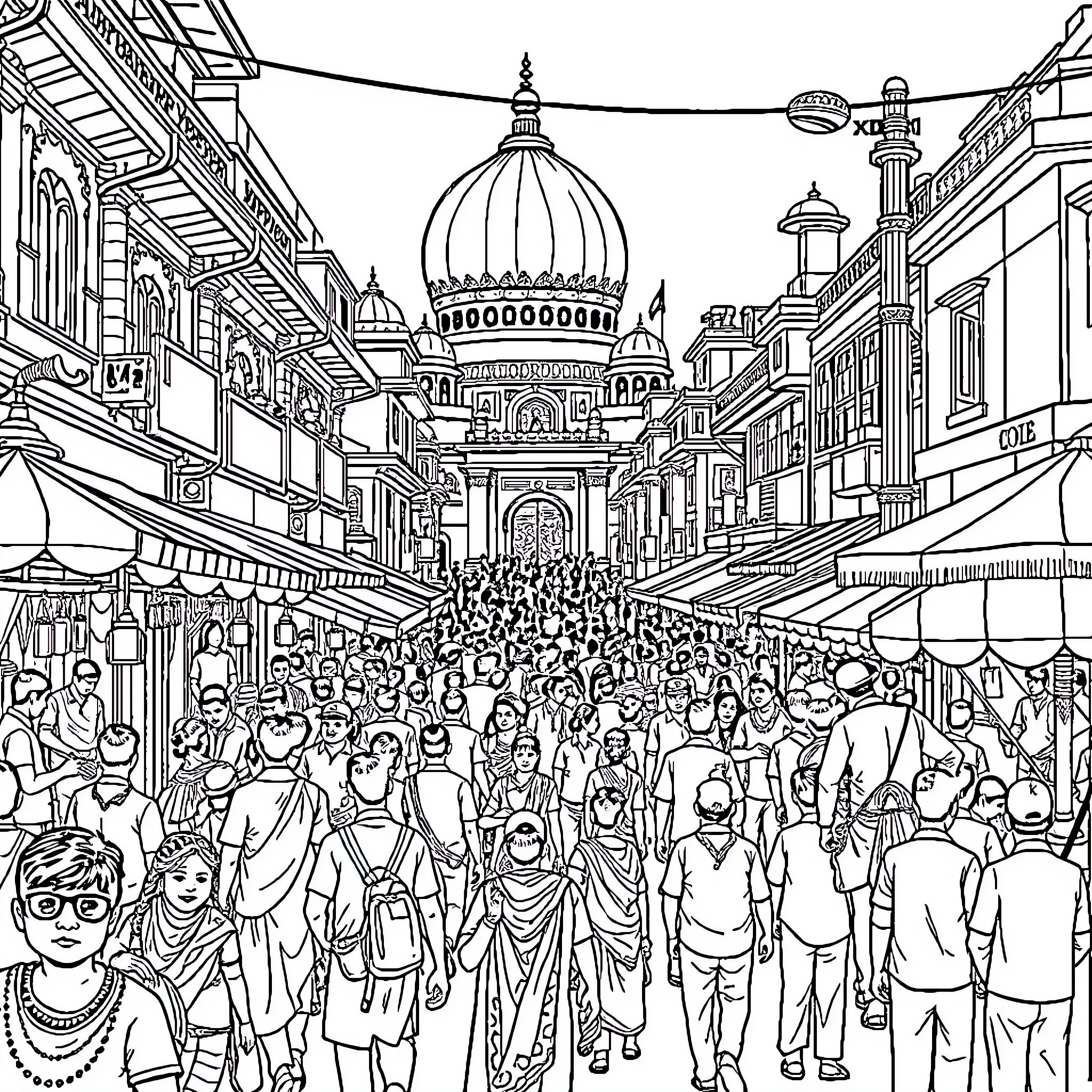India's Bustling Marketplace with Vibrant Crowds Coloring Page (free black-and-white line drawing printable PDF for all, from beginners to advanced learners, including children, teens, adults, and seniors)