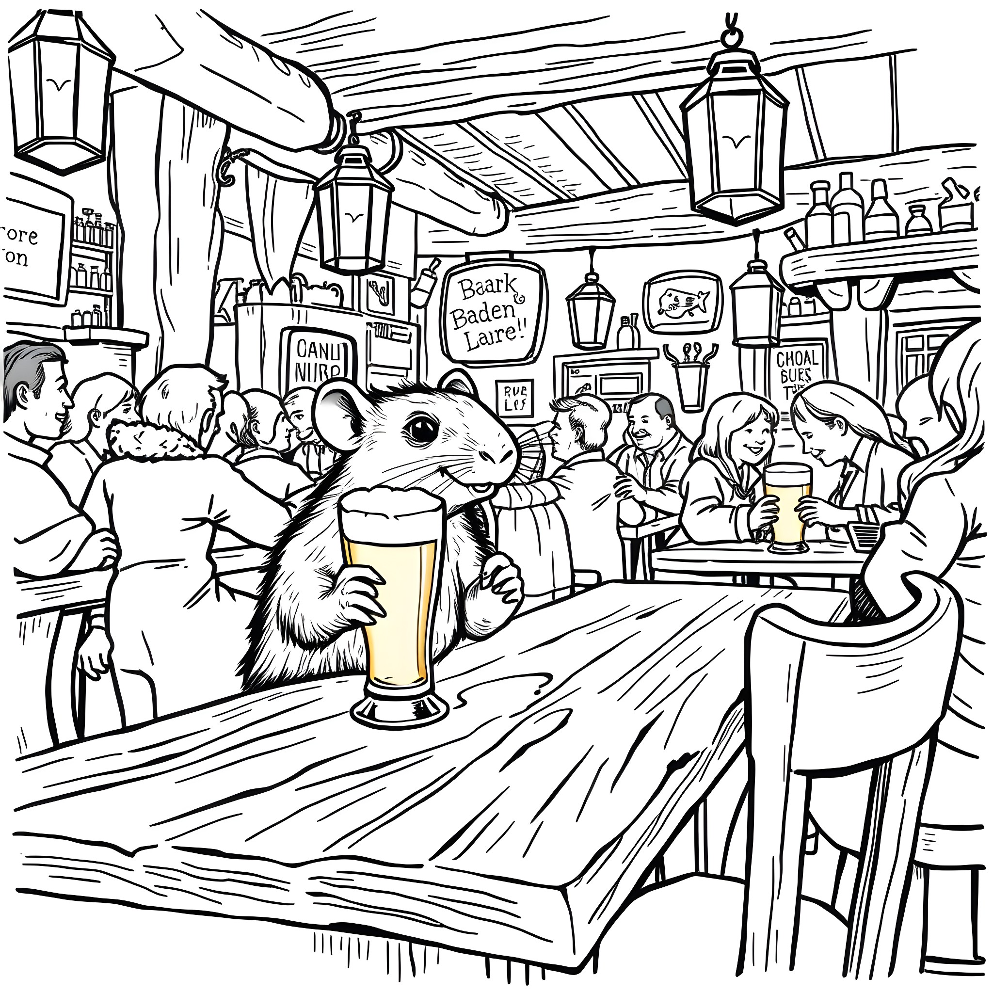 Mole Rat enjoying a pint at the local pub Coloring Page (free black-and-white line drawing printable PDF for all, from beginners to advanced learners, including children, teens, adults, and seniors)