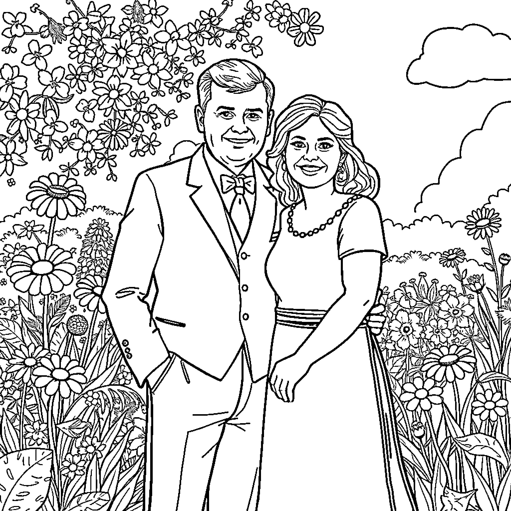 Couple in formal attire standing amidst flowers Coloring Page (free black-and-white line drawing printable PDF for all, from beginners to advanced learners, including children, teens, adults, and seniors)