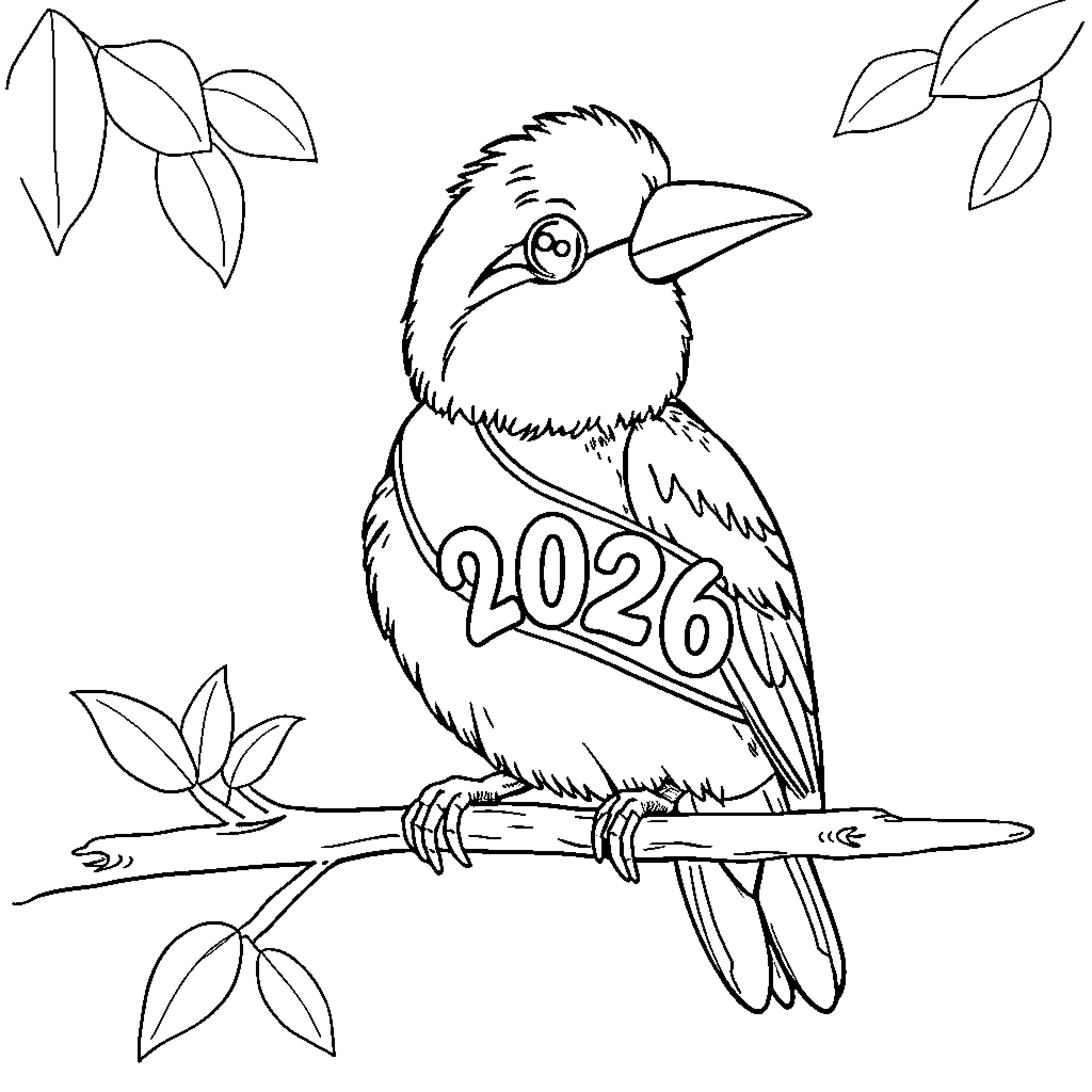 Bird with 2020 code perched on branch Coloring Page (free black-and-white line drawing printable PDF for all, from beginners to advanced learners, including children, teens, adults, and seniors)