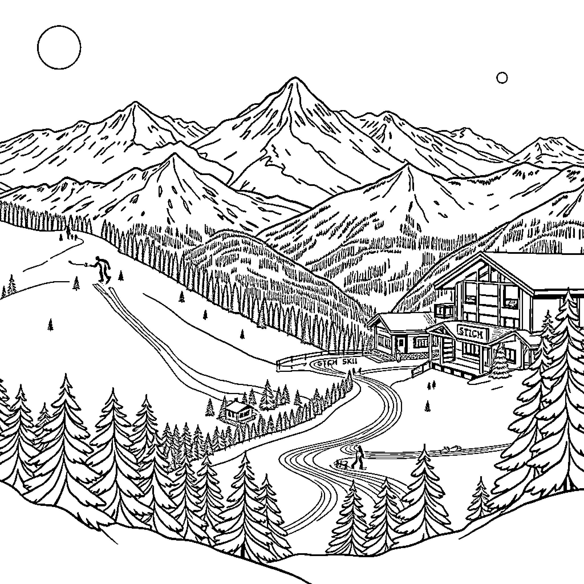 Stitch of a Serene Mountain Village Scene Coloring Page (free black-and-white line drawing printable PDF for all, from beginners to advanced learners, including children, teens, adults, and seniors)