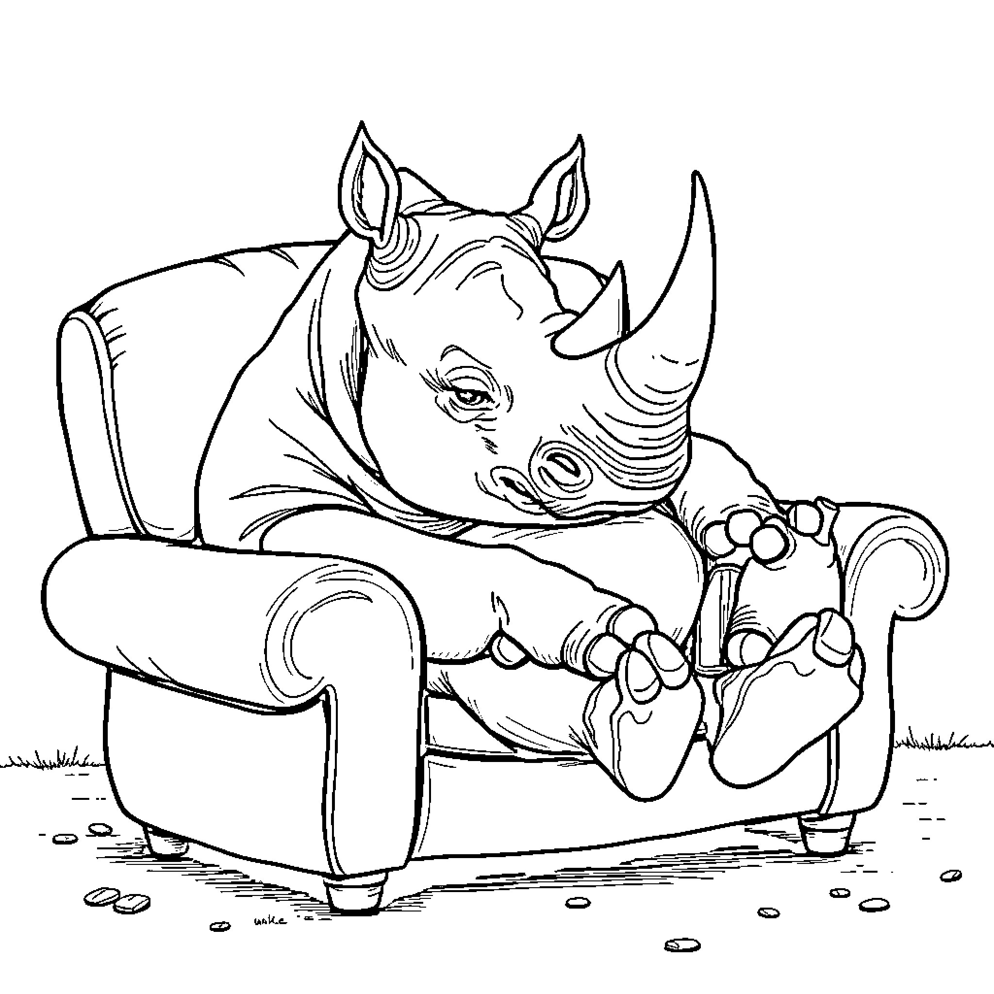 Rhinoceros relaxing comfortably in an armchair Coloring Page (free black-and-white line drawing printable PDF for all, from beginners to advanced learners, including children, teens, adults, and seniors)